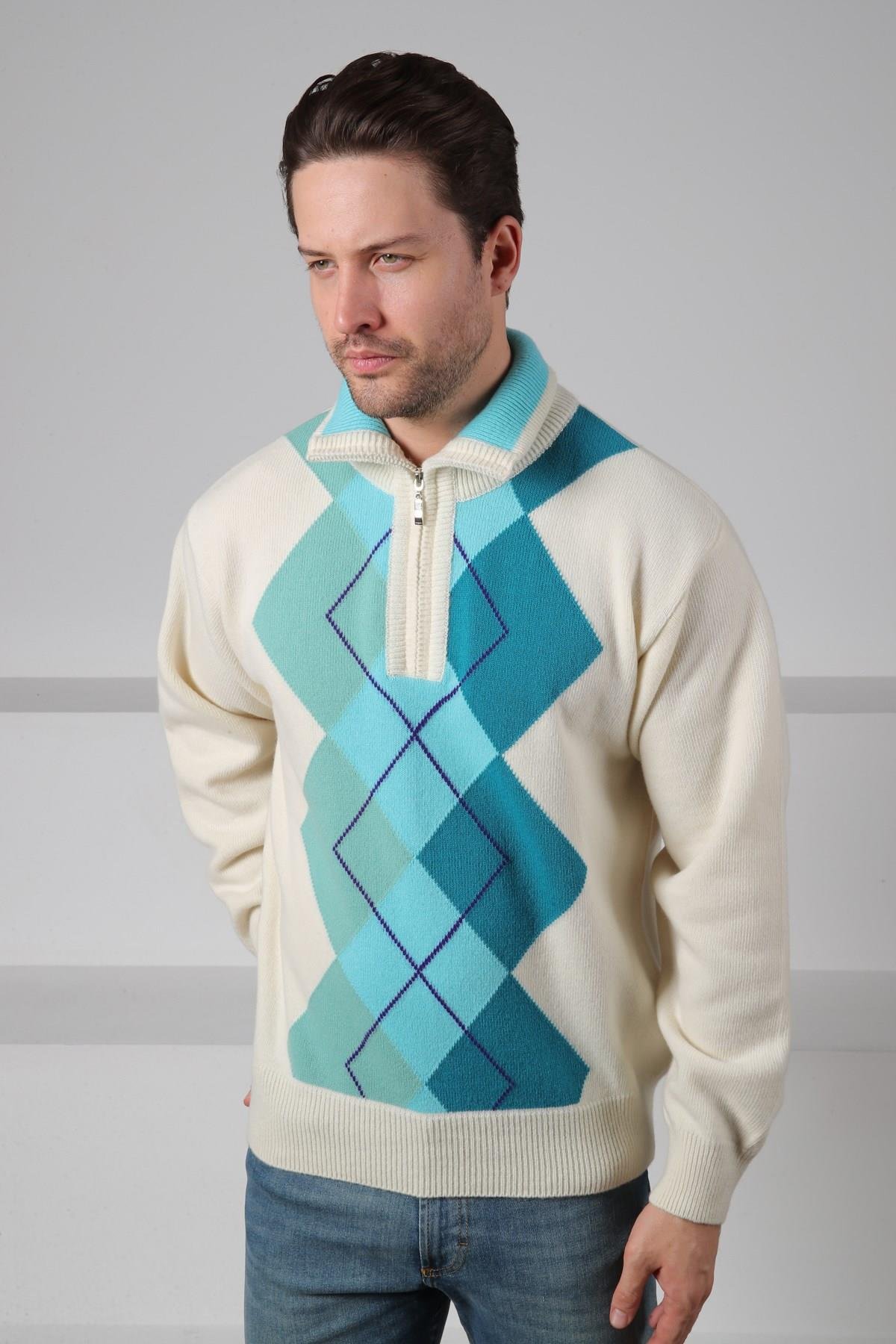 Ferraro Ekru/Turkuaz Balıkçı Yaka Fermuarlı Geometrik Zigzag Desenli Uzun Kollu %100 Kuzu Yünü Erkek Triko Kazak