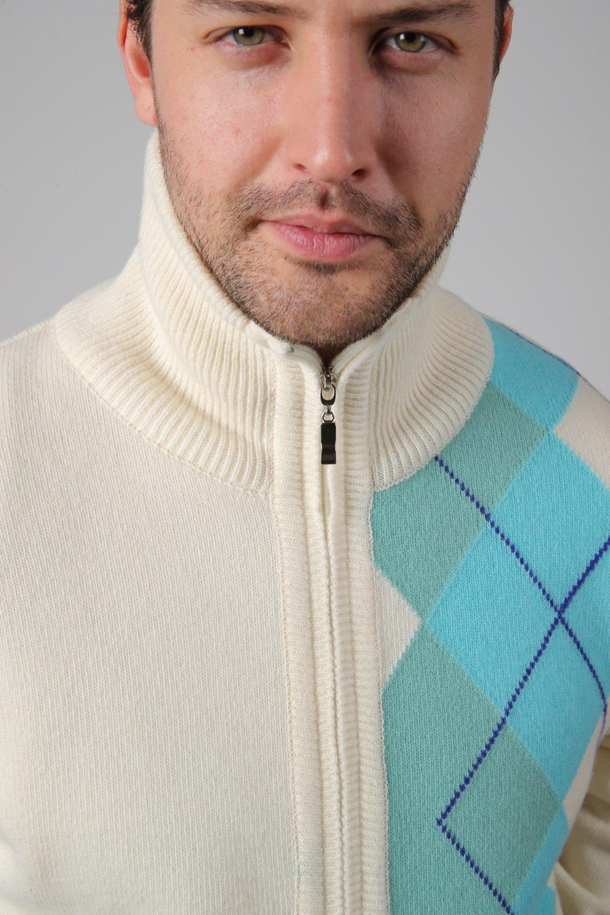 Ferraro Ekru/Turkuaz Balıkçı Yaka Fermuarlı Diyagonal Desenli Uzun Kollu %100 Kuzu Yünü Erkek Triko Ceket