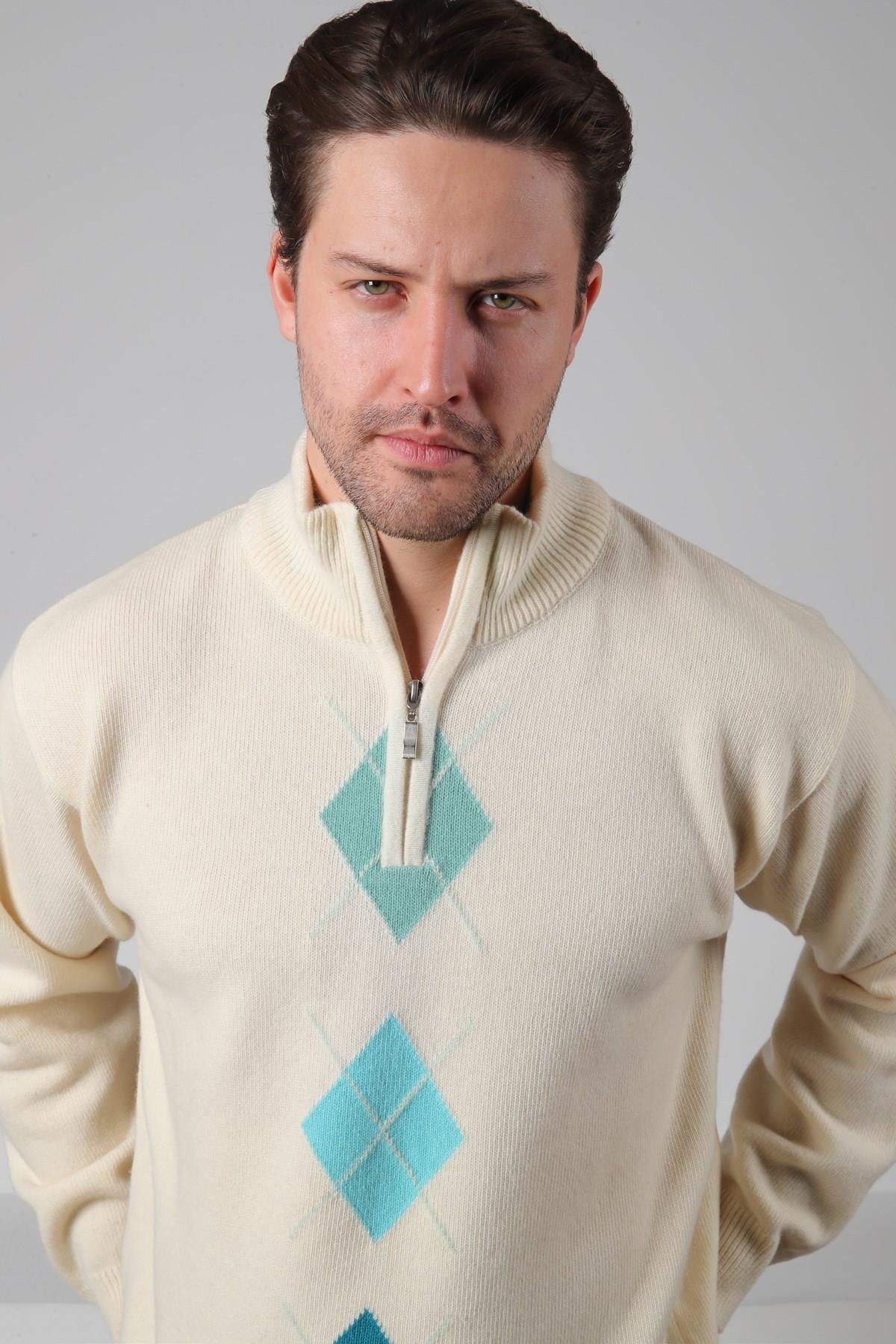 Ferraro Ekru/Turkuaz Balıkçı Yaka Fermuarlı Turkuaz Mint Yeşili Desenli Uzun Kollu %100 Kuzu Yünü Erkek Triko Kazak