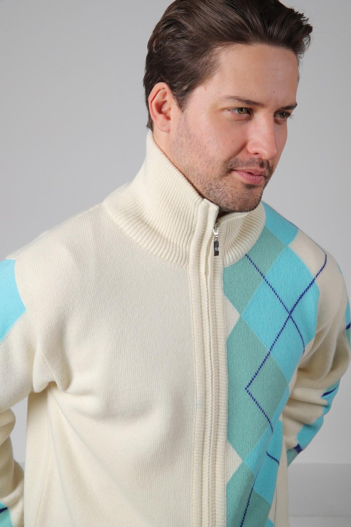 Ferraro Ekru/Turkuaz Balıkçı Yaka Fermuarlı Diyagonal Desenli Uzun Kollu %100 Kuzu Yünü Erkek Triko Ceket