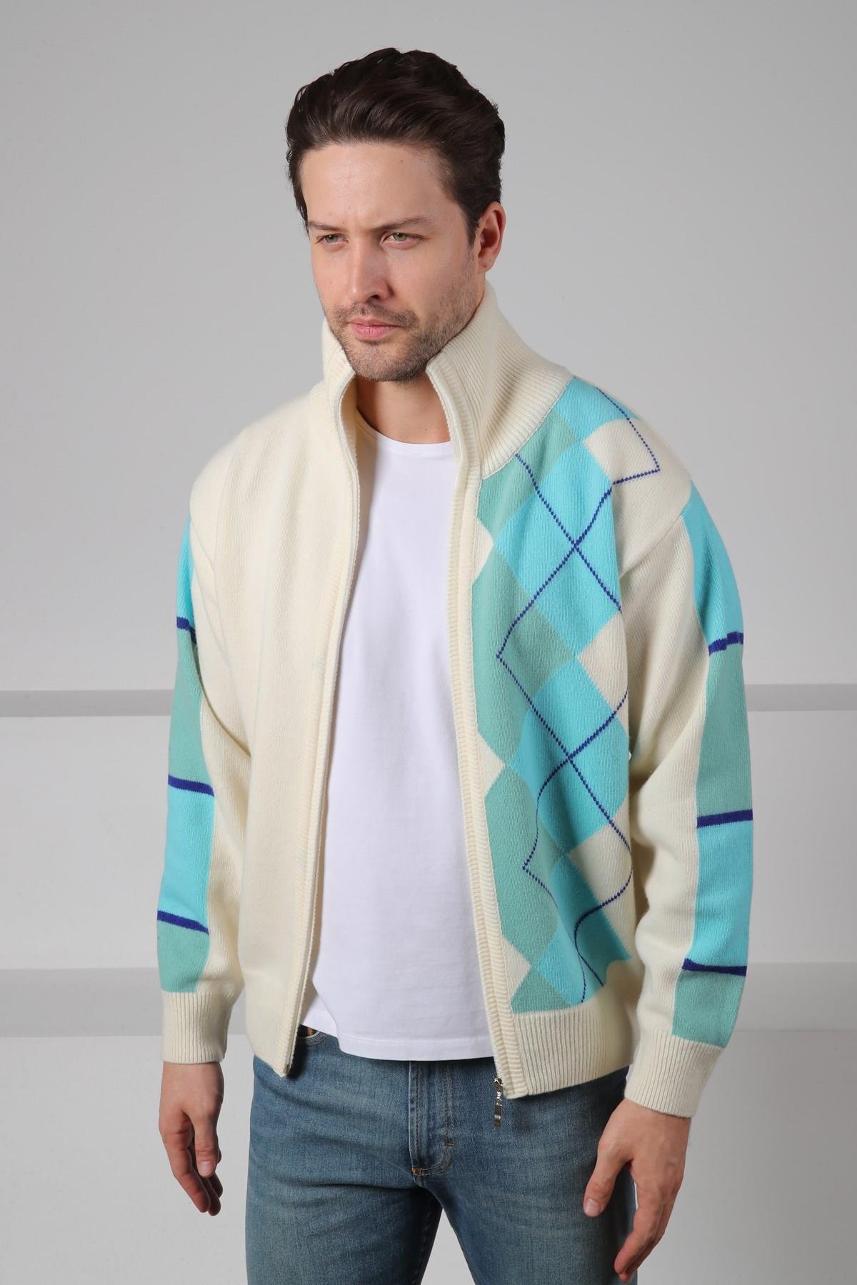 Ferraro Ekru/Turkuaz Balıkçı Yaka Fermuarlı Diyagonal Desenli Uzun Kollu %100 Kuzu Yünü Erkek Triko Ceket