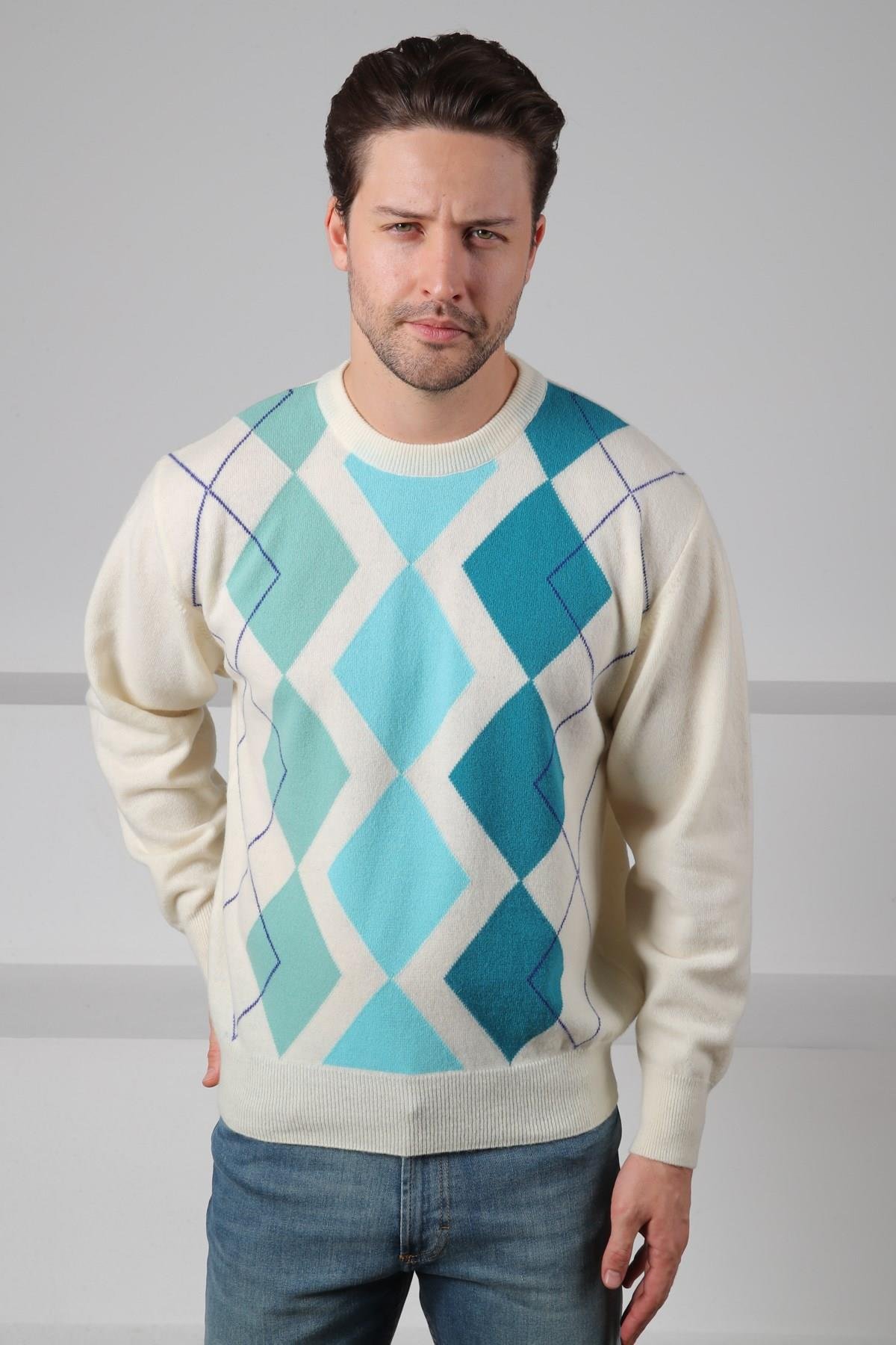 Ferraro Ekru/Turkuaz Bisiklet Yaka Çok Tonlu Baklava Desenli Uzun Kollu %100 Kuzu Yünü Erkek Triko Kazak