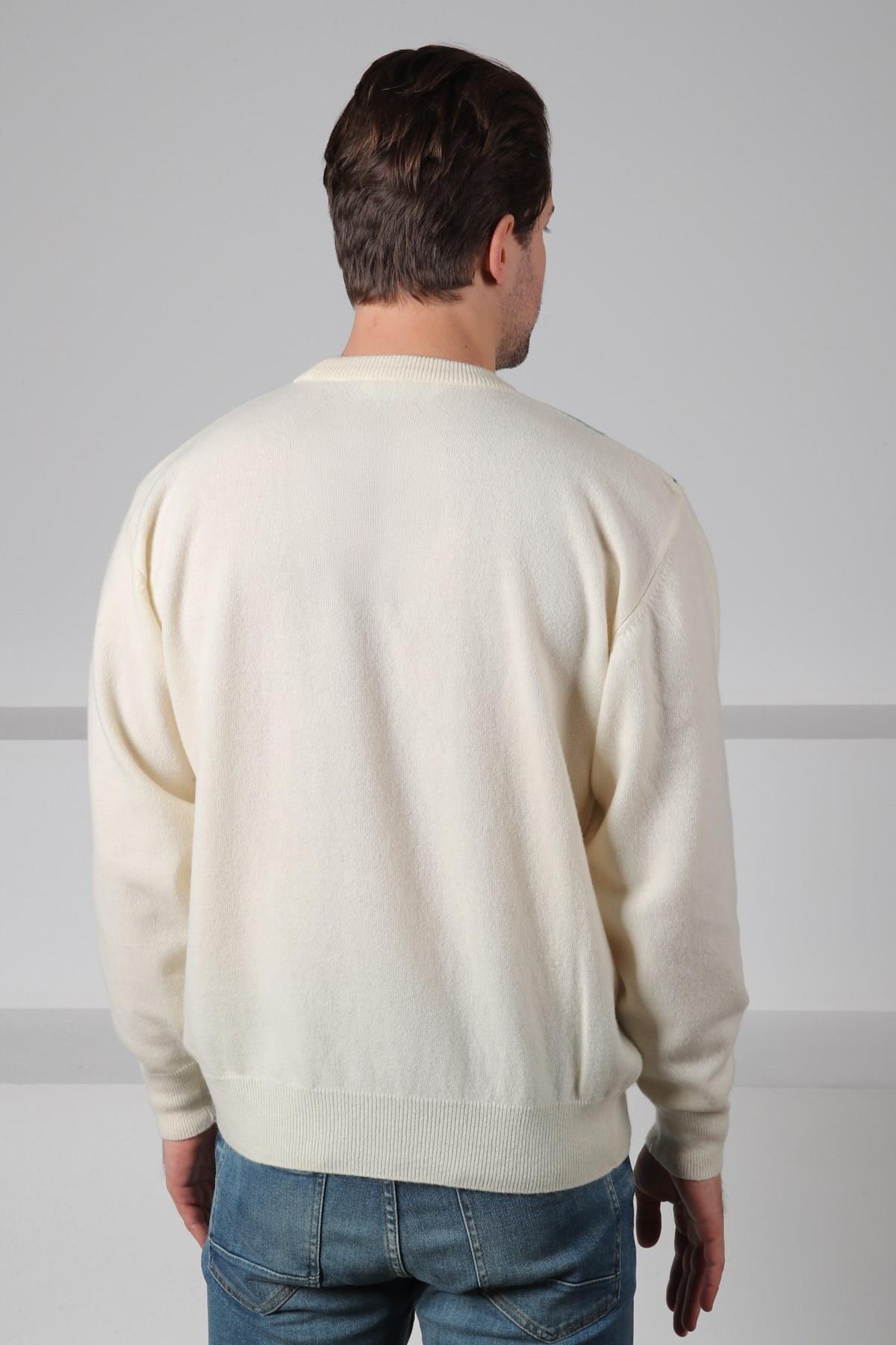 Ferraro Ekru/Turkuaz Bisiklet Yaka Çok Tonlu Baklava Desenli Uzun Kollu %100 Kuzu Yünü Erkek Triko Kazak