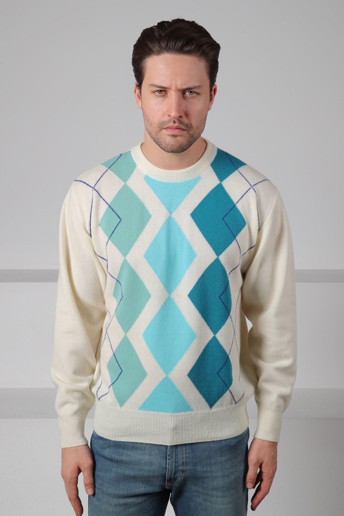 Ferraro Ekru/Turkuaz Bisiklet Yaka Çok Tonlu Baklava Desenli Uzun Kollu %100 Kuzu Yünü Erkek Triko Kazak