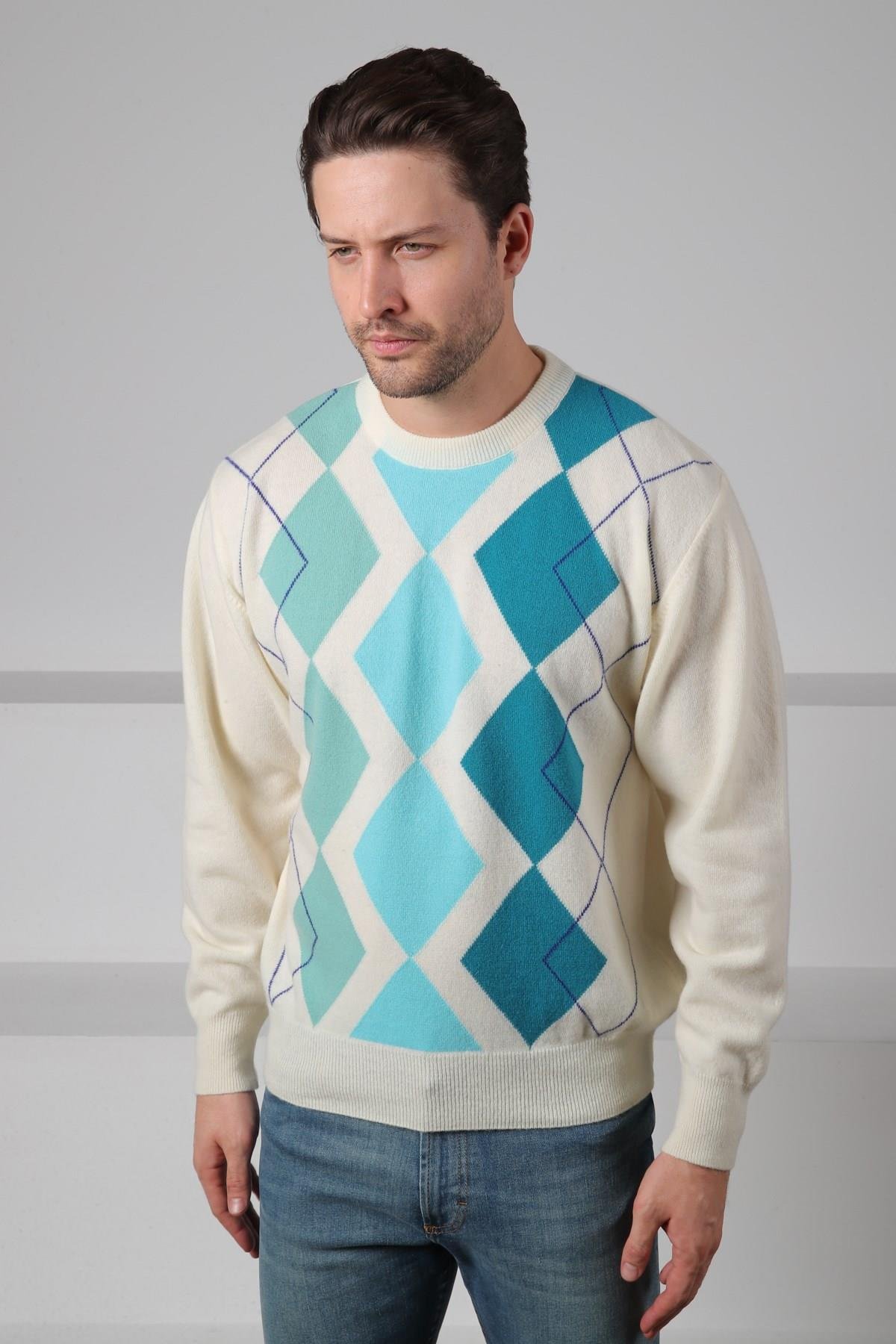 Ferraro Ekru/Turkuaz Bisiklet Yaka Çok Tonlu Baklava Desenli Uzun Kollu %100 Kuzu Yünü Erkek Triko Kazak
