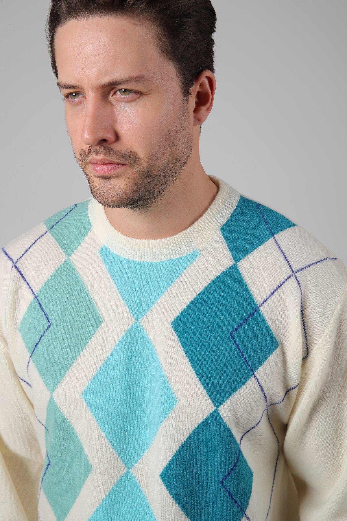 Ferraro Ekru/Turkuaz Bisiklet Yaka Çok Tonlu Baklava Desenli Uzun Kollu %100 Kuzu Yünü Erkek Triko Kazak
