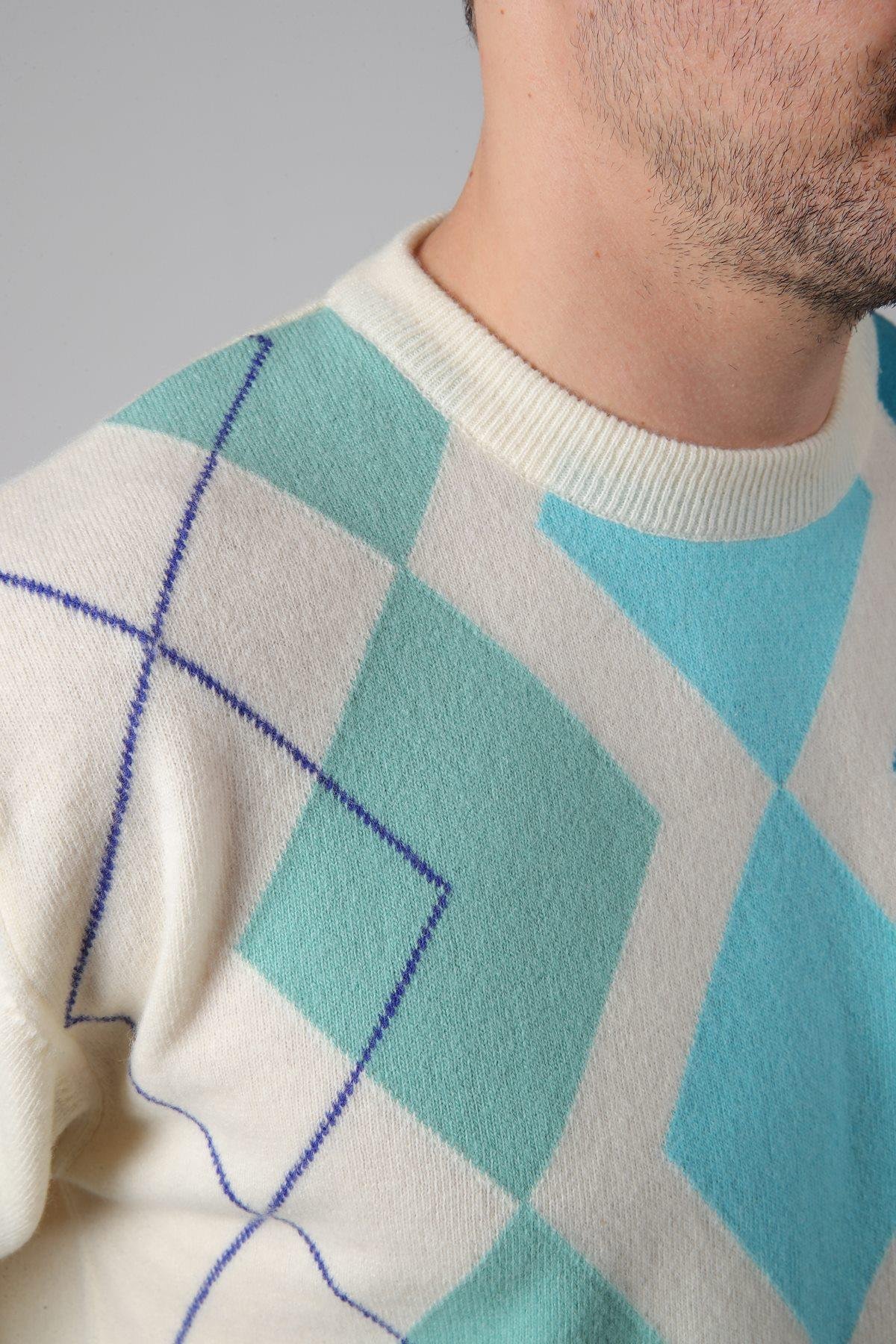 Ferraro Ekru/Turkuaz Bisiklet Yaka Çok Tonlu Baklava Desenli Uzun Kollu %100 Kuzu Yünü Erkek Triko Kazak