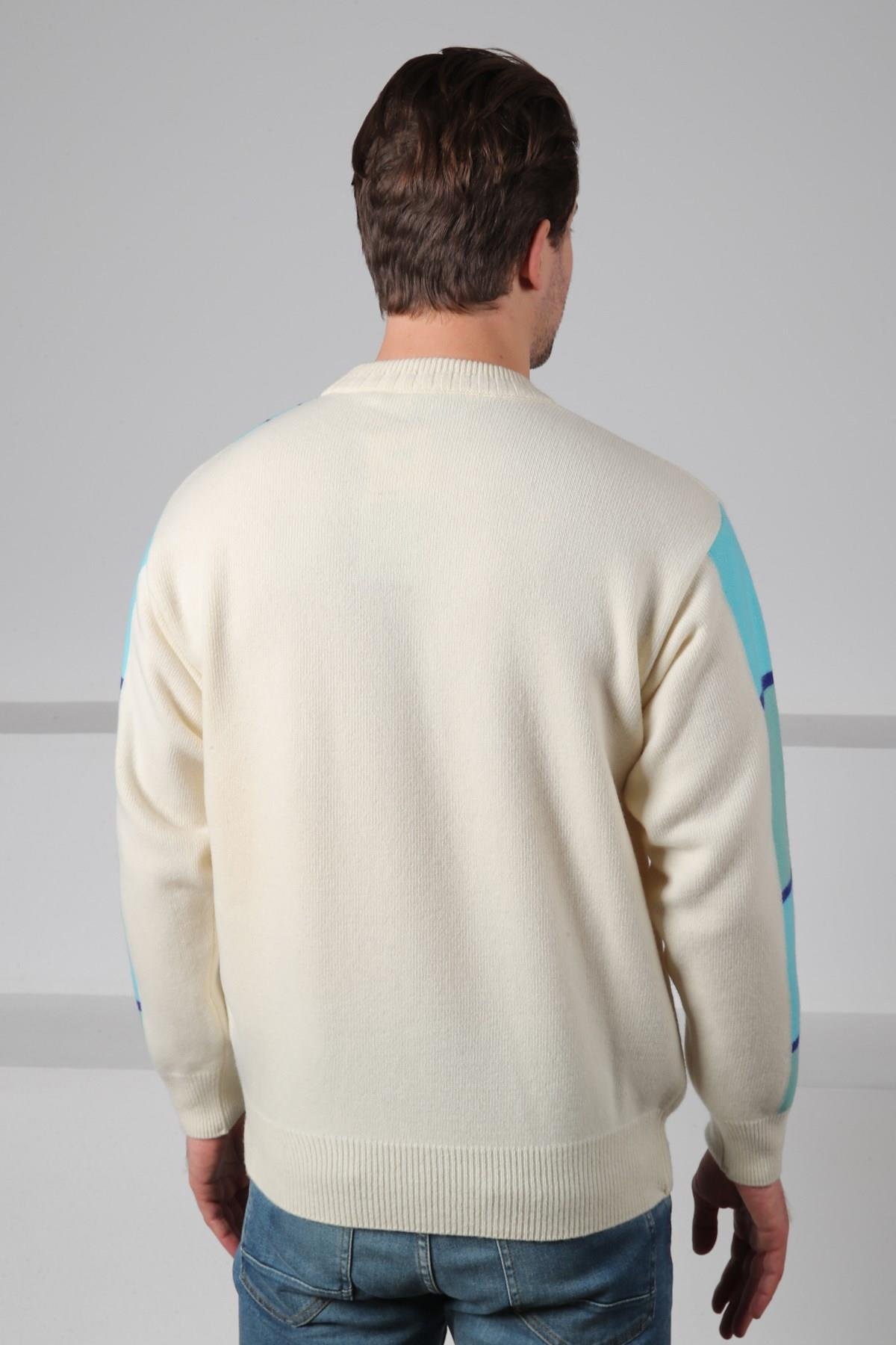Ferraro Ekru/Turkuaz Bisiklet Yaka Diyagonal Desenli Uzun Kollu %100 Kuzu Yünü Erkek Triko Kazak