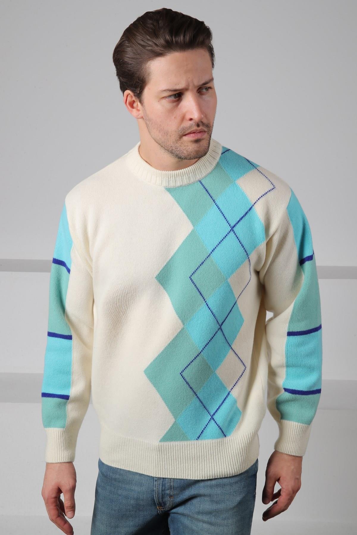 Ferraro Ekru/Turkuaz Bisiklet Yaka Diyagonal Desenli Uzun Kollu %100 Kuzu Yünü Erkek Triko Kazak