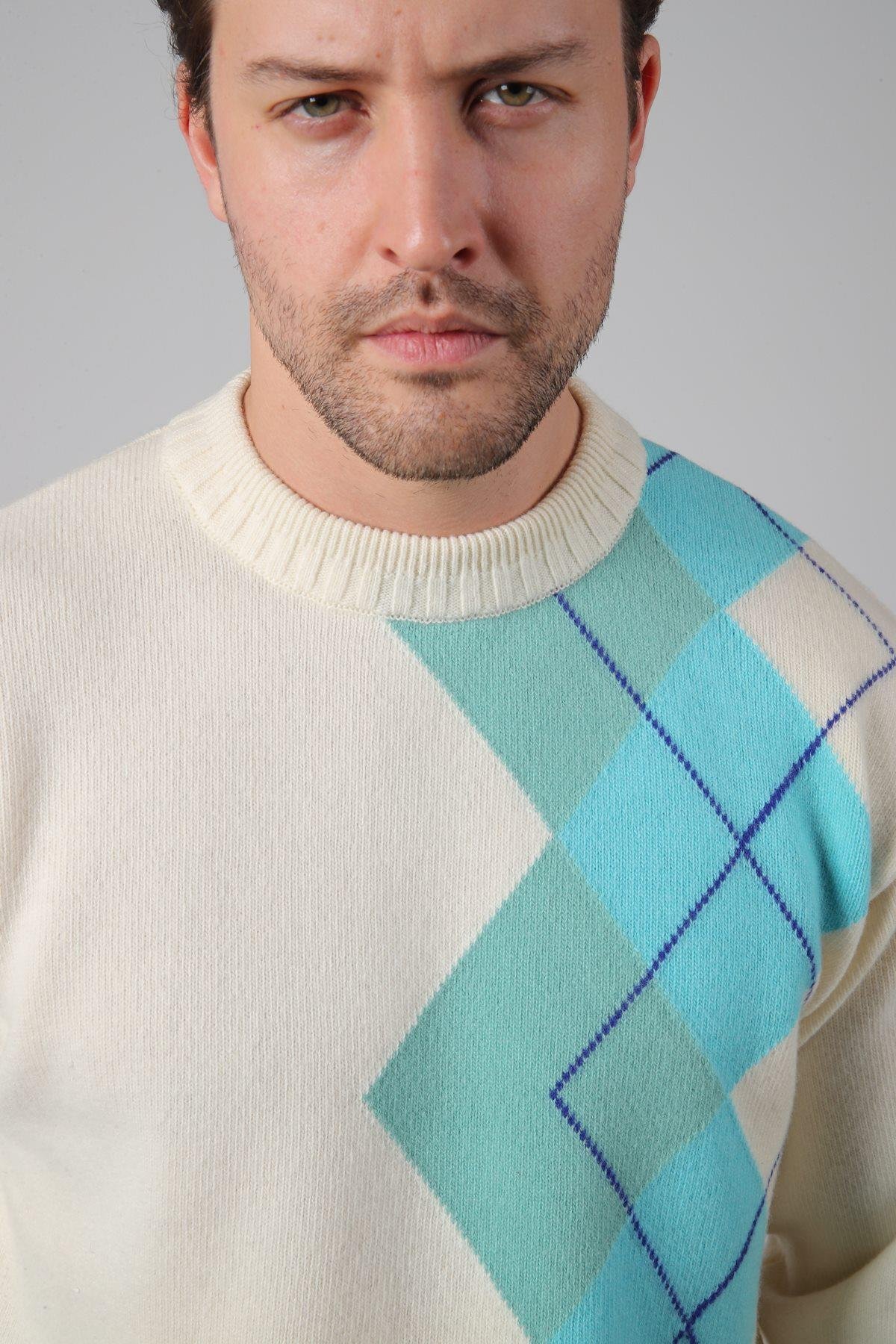 Ferraro Ekru/Turkuaz Bisiklet Yaka Diyagonal Desenli Uzun Kollu %100 Kuzu Yünü Erkek Triko Kazak