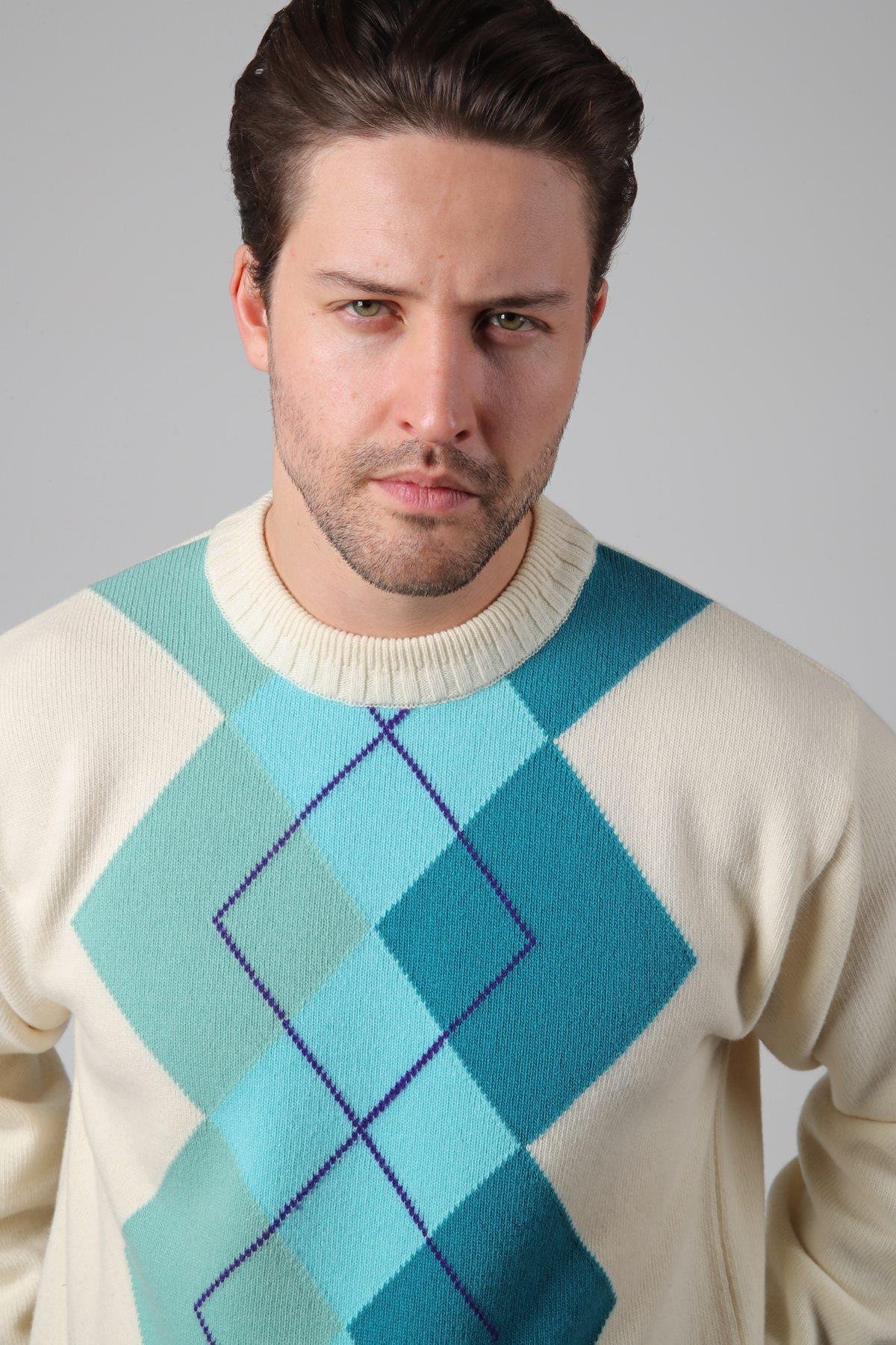 Ferraro Ekru/Turkuaz Bisiklet Yaka Geometrik Zigzag Desenli Uzun Kollu %100 Kuzu Yünü Erkek Triko Kazak