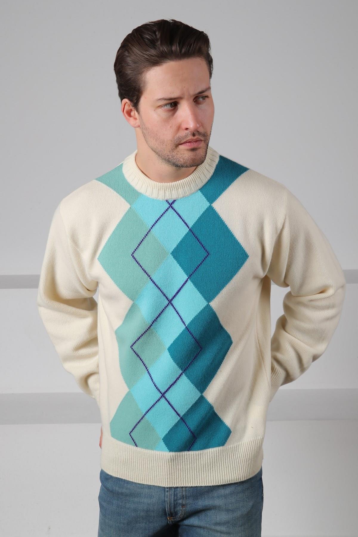 Ferraro Ekru/Turkuaz Bisiklet Yaka Geometrik Zigzag Desenli Uzun Kollu %100 Kuzu Yünü Erkek Triko Kazak