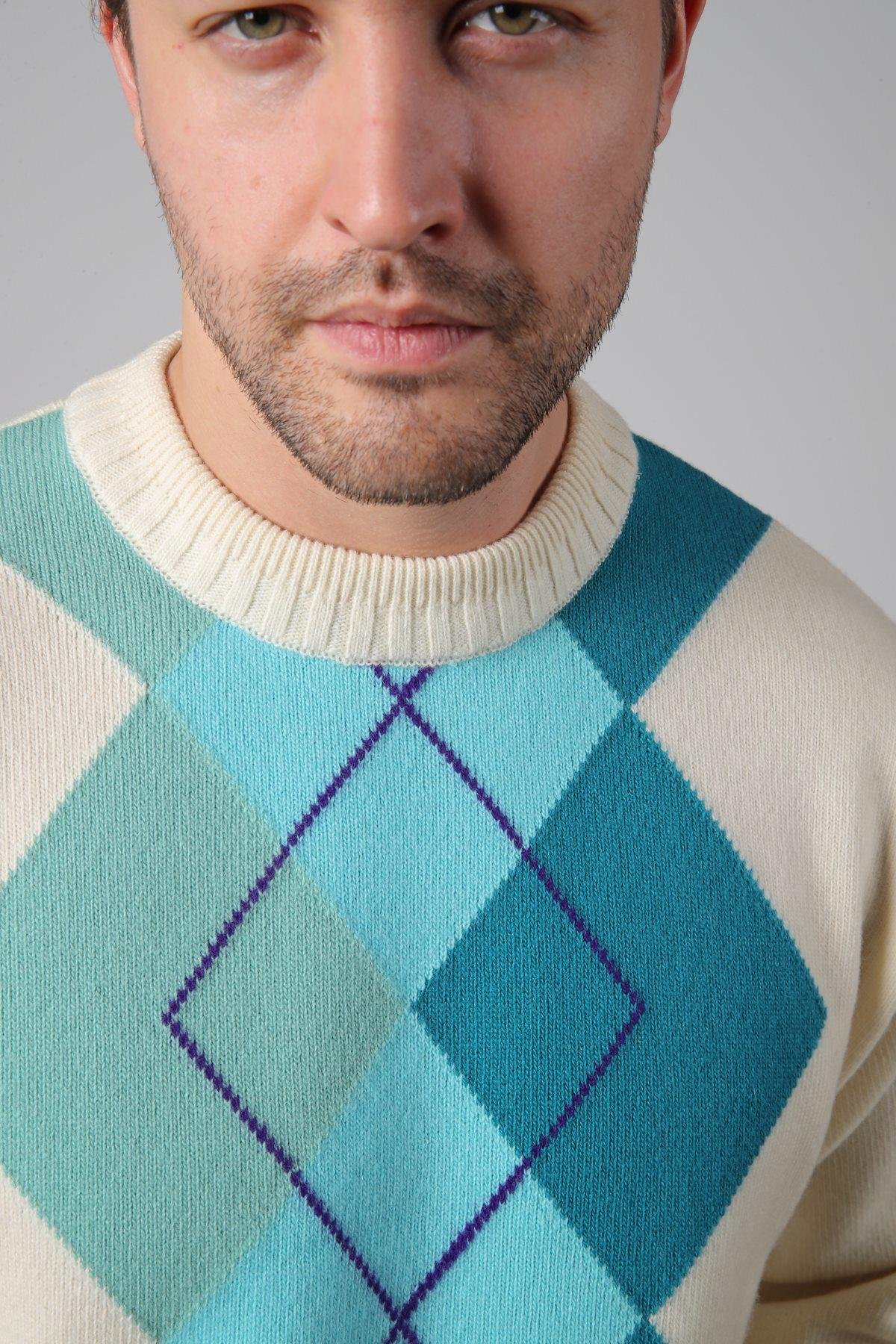 Ferraro Ekru/Turkuaz Bisiklet Yaka Geometrik Zigzag Desenli Uzun Kollu %100 Kuzu Yünü Erkek Triko Kazak