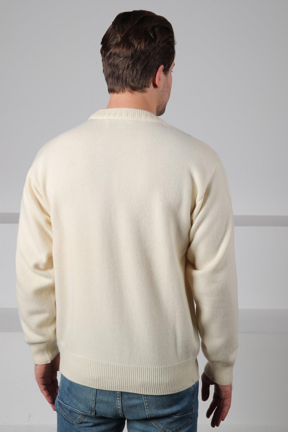 Ferraro Ekru/Turkuaz Bisiklet Yaka Geometrik Zigzag Desenli Uzun Kollu %100 Kuzu Yünü Erkek Triko Kazak