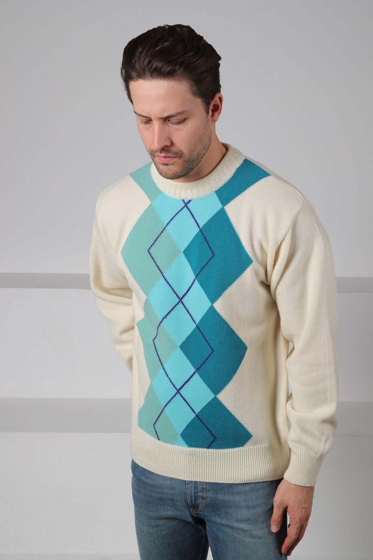 Ferraro Ekru/Turkuaz Bisiklet Yaka Geometrik Zigzag Desenli Uzun Kollu %100 Kuzu Yünü Erkek Triko Kazak
