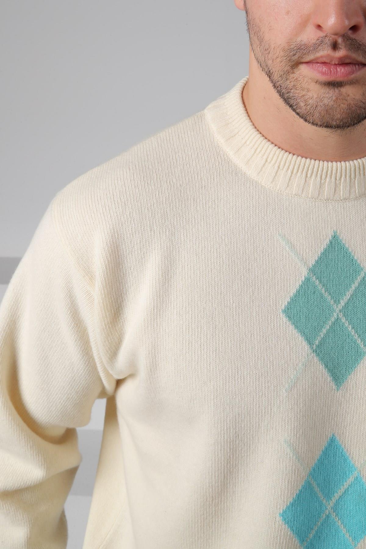 Ferraro Ekru/Turkuaz Bisiklet Yaka Turkuaz Mint Yeşili Desenli Uzun Kollu %100 Kuzu Yünü Erkek Triko Kazak