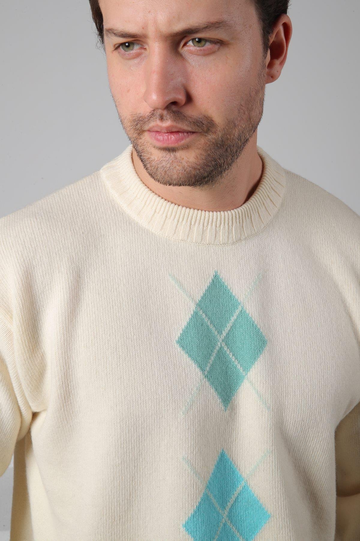 Ferraro Ekru/Turkuaz Bisiklet Yaka Turkuaz Mint Yeşili Desenli Uzun Kollu %100 Kuzu Yünü Erkek Triko Kazak
