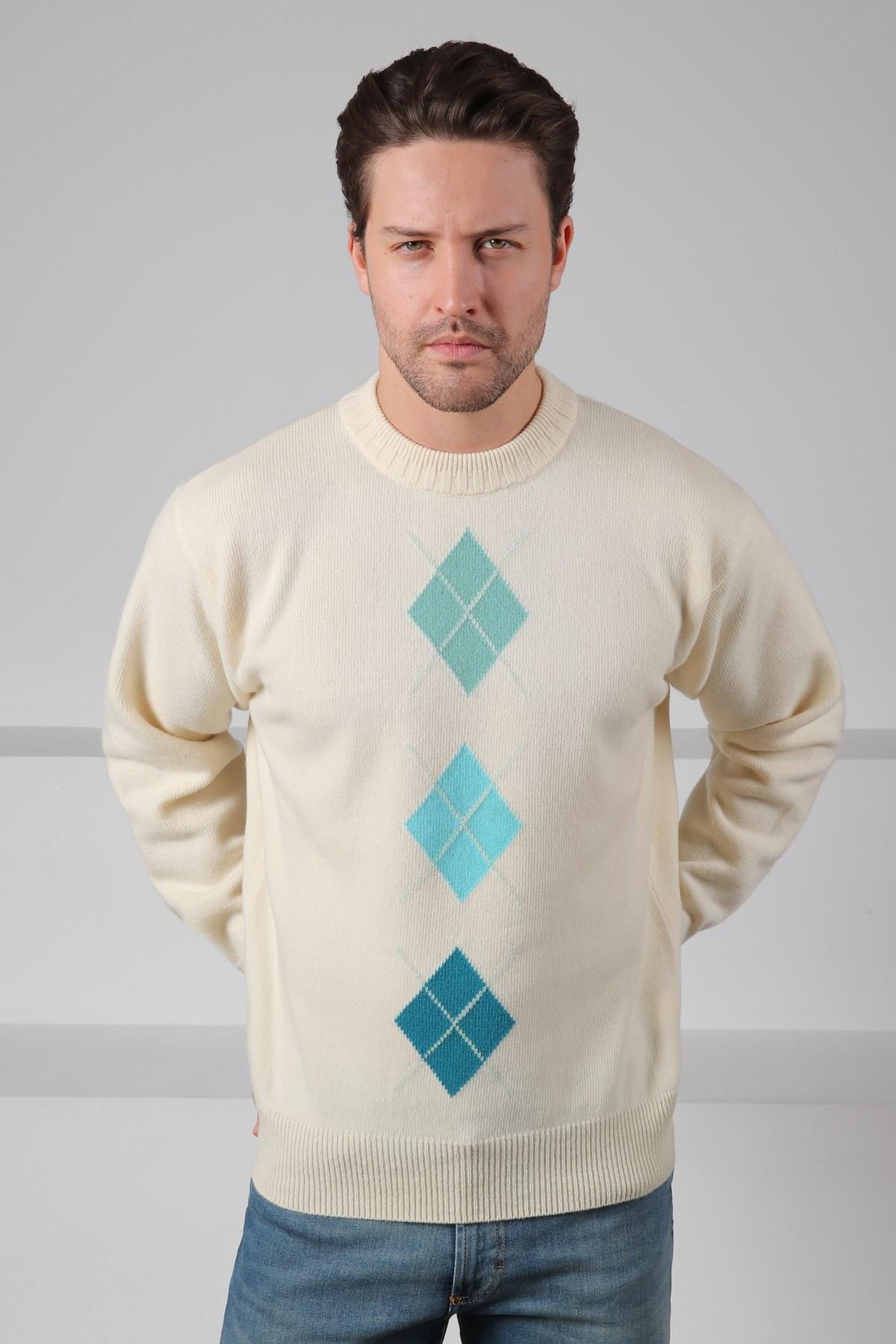 Ferraro Ekru/Turkuaz Bisiklet Yaka Turkuaz Mint Yeşili Desenli Uzun Kollu %100 Kuzu Yünü Erkek Triko Kazak