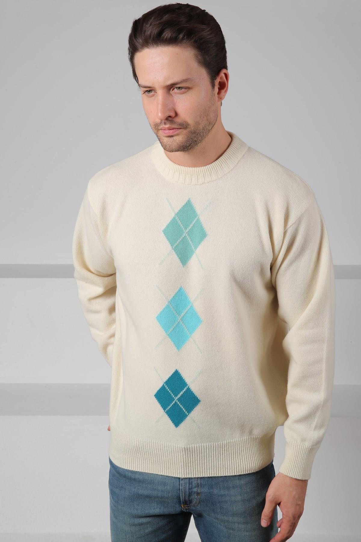 Ferraro Ekru/Turkuaz Bisiklet Yaka Turkuaz Mint Yeşili Desenli Uzun Kollu %100 Kuzu Yünü Erkek Triko Kazak