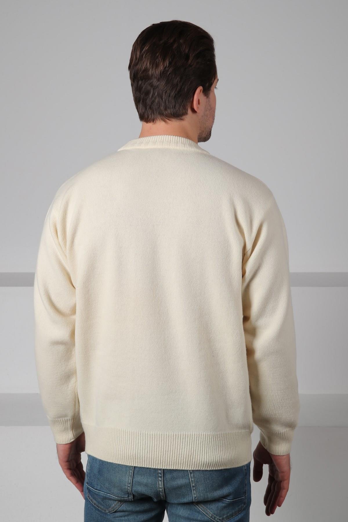 Ferraro Ekru/Turkuaz Bisiklet Yaka Turkuaz Mint Yeşili Desenli Uzun Kollu %100 Kuzu Yünü Erkek Triko Kazak