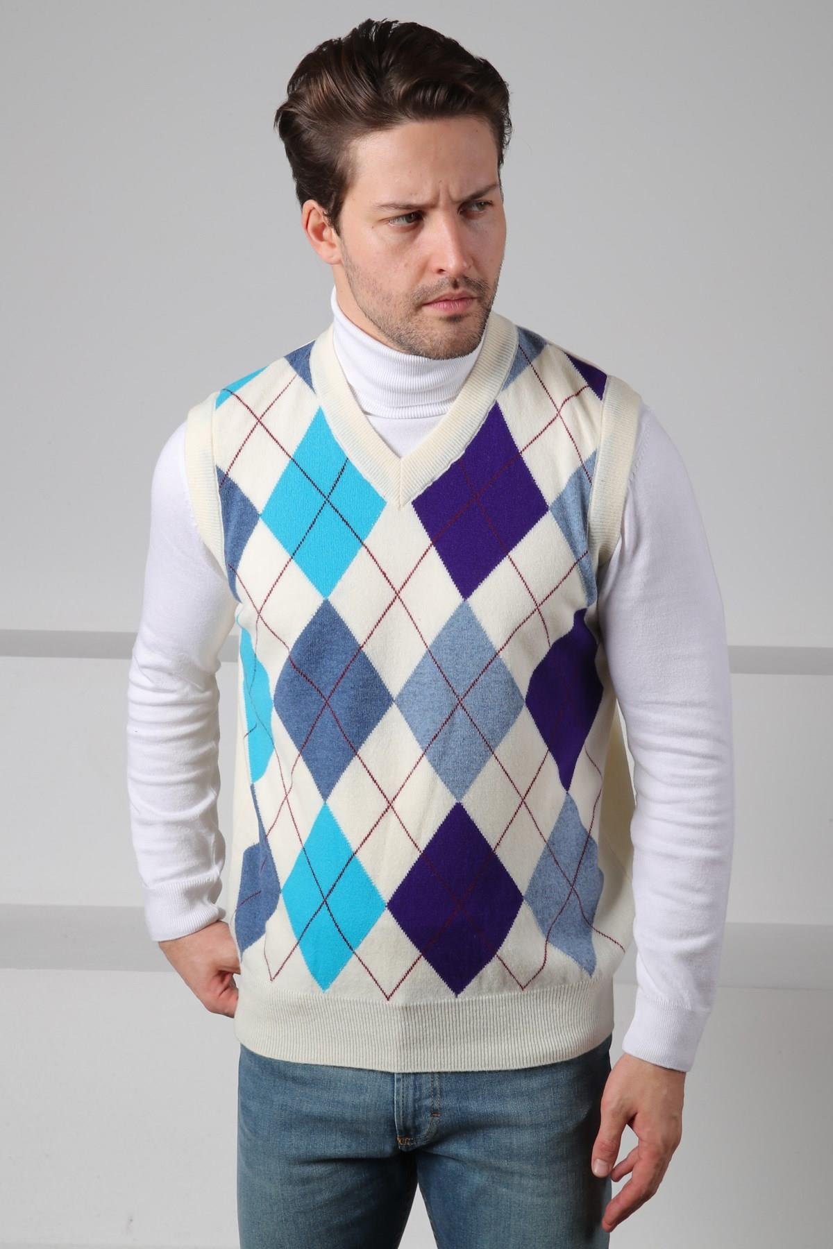 Ferraro Ekru/Turkuaz V Yaka Çok Renkli Baklava Desenli Kolsuz %100 Kuzu Yünü Erkek Triko Süveter