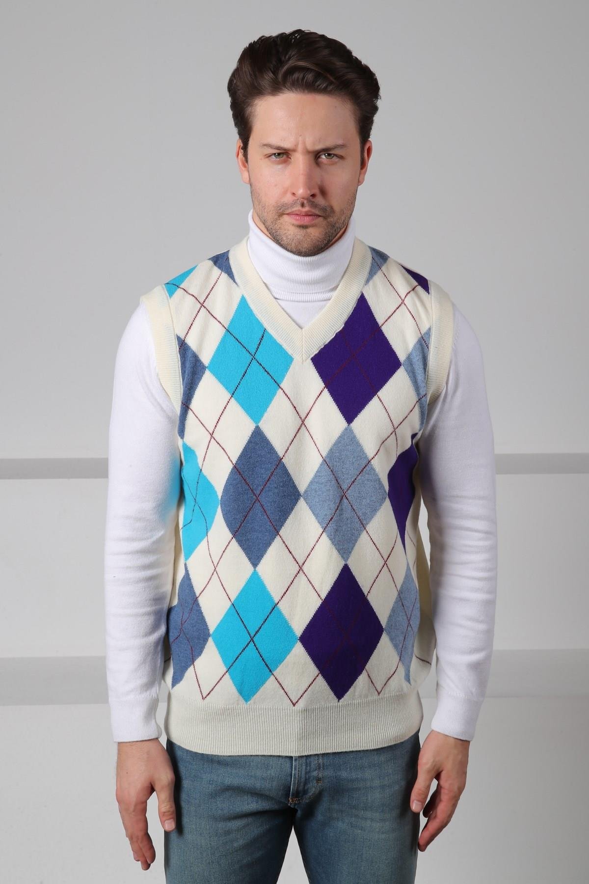Ferraro Ekru/Turkuaz V Yaka Çok Renkli Baklava Desenli Kolsuz %100 Kuzu Yünü Erkek Triko Süveter