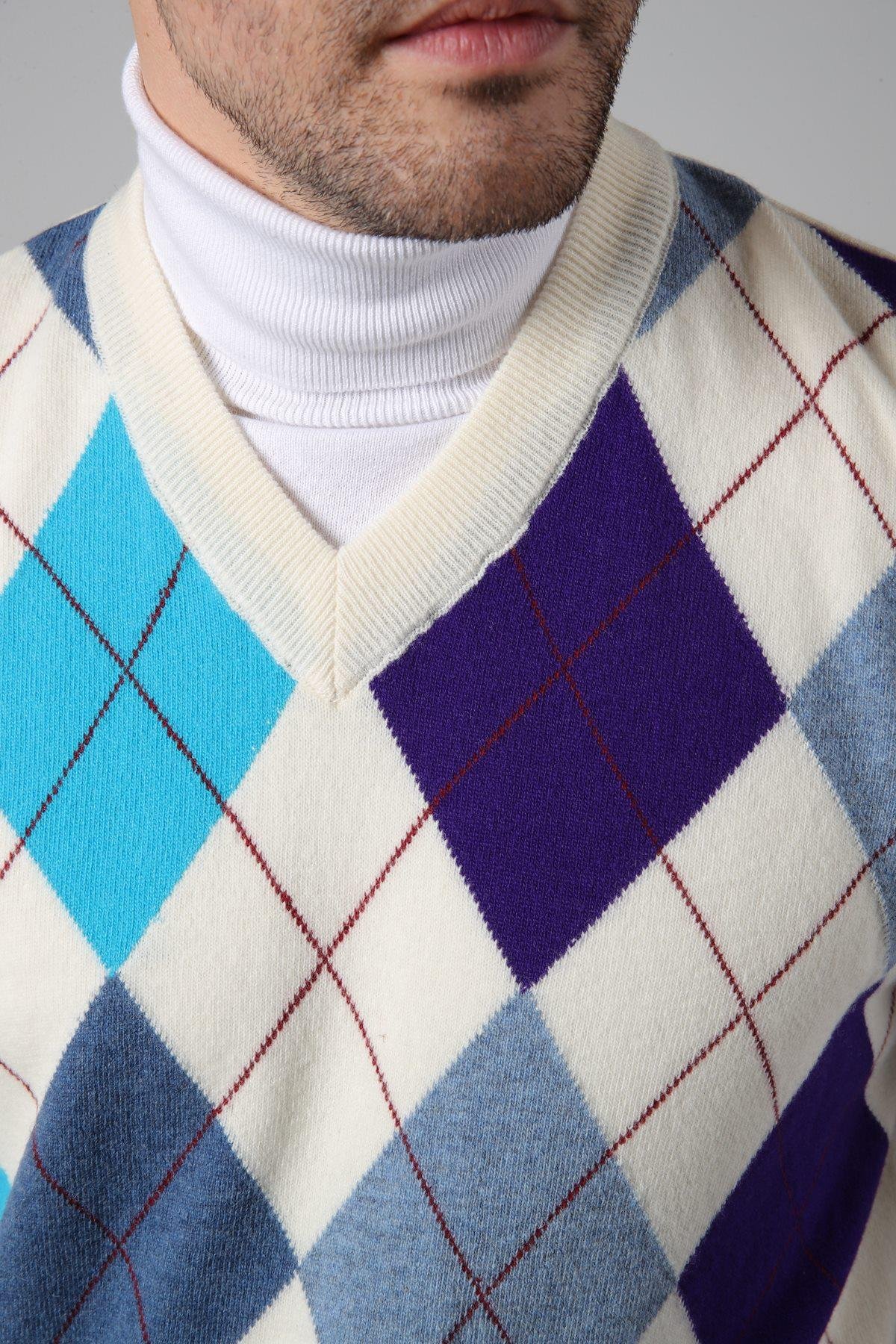 Ferraro Ekru/Turkuaz V Yaka Çok Renkli Baklava Desenli Kolsuz %100 Kuzu Yünü Erkek Triko Süveter