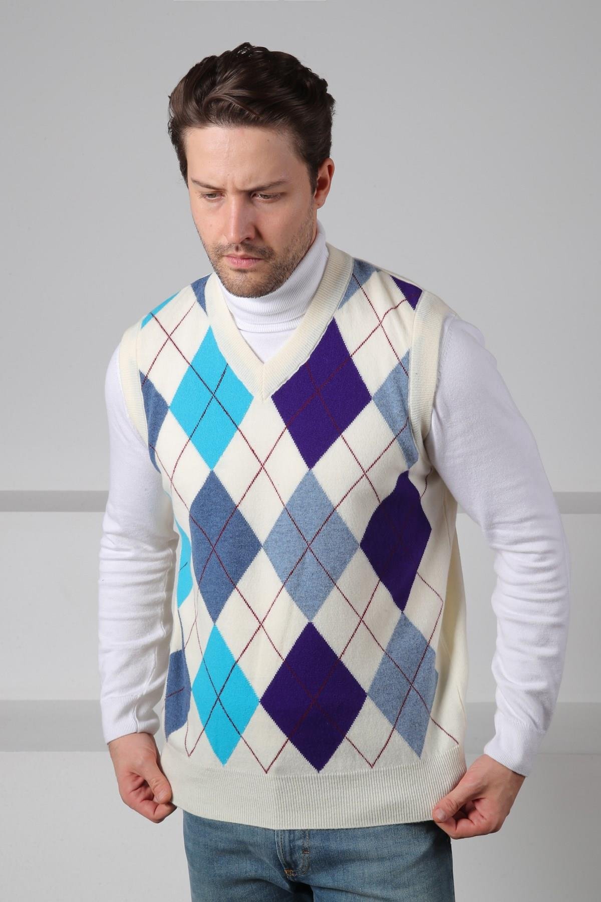 Ferraro Ekru/Turkuaz V Yaka Çok Renkli Baklava Desenli Kolsuz %100 Kuzu Yünü Erkek Triko Süveter