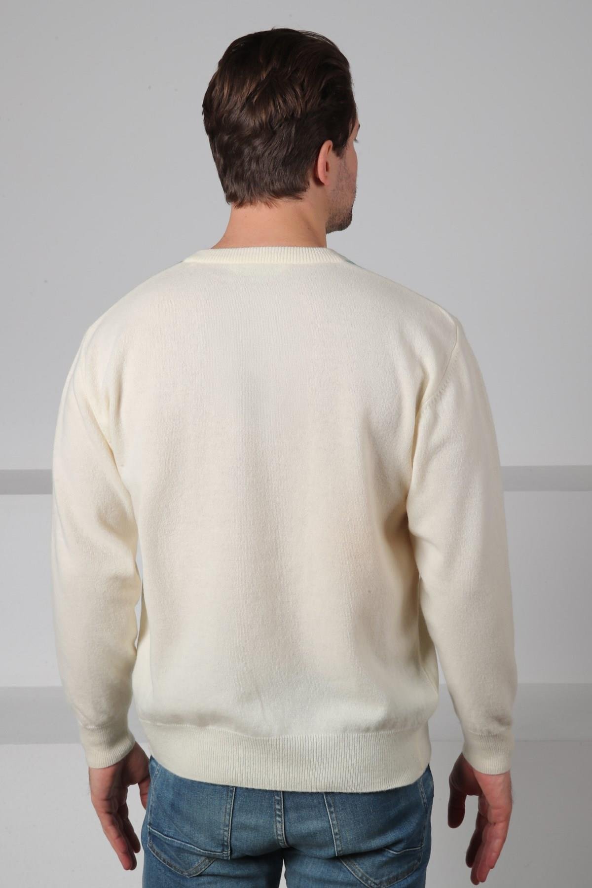 Ferraro Ekru/Turkuaz V Yaka Çok Tonlu Baklava Desenli Uzun Kollu %100 Kuzu Yünü Erkek Triko Kazak