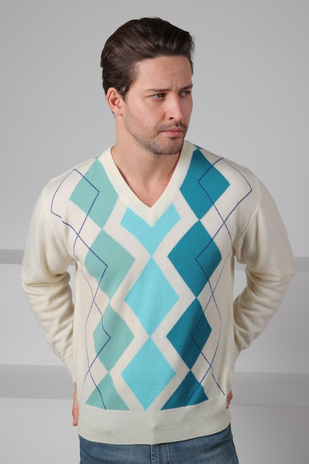 Ferraro Ekru/Turkuaz V Yaka Çok Tonlu Baklava Desenli Uzun Kollu %100 Kuzu Yünü Erkek Triko Kazak
