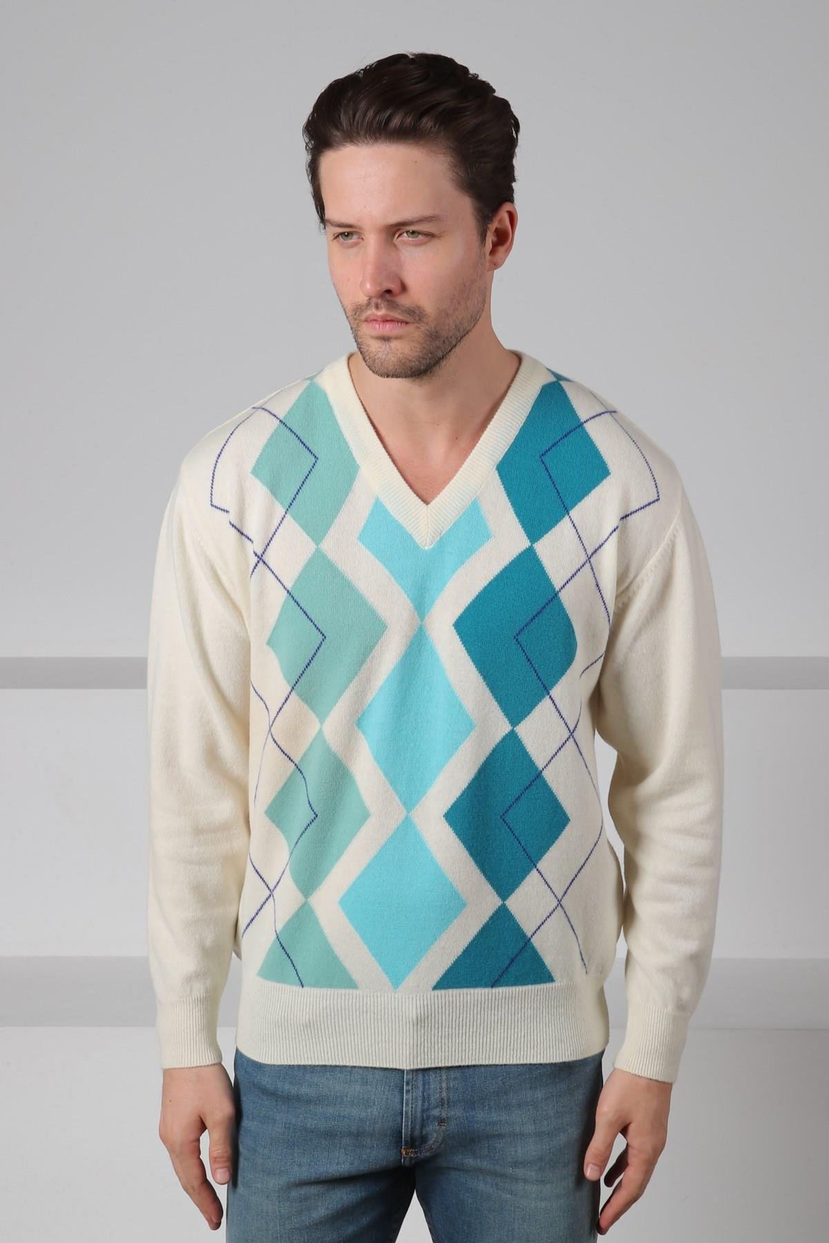 Ferraro Ekru/Turkuaz V Yaka Çok Tonlu Baklava Desenli Uzun Kollu %100 Kuzu Yünü Erkek Triko Kazak