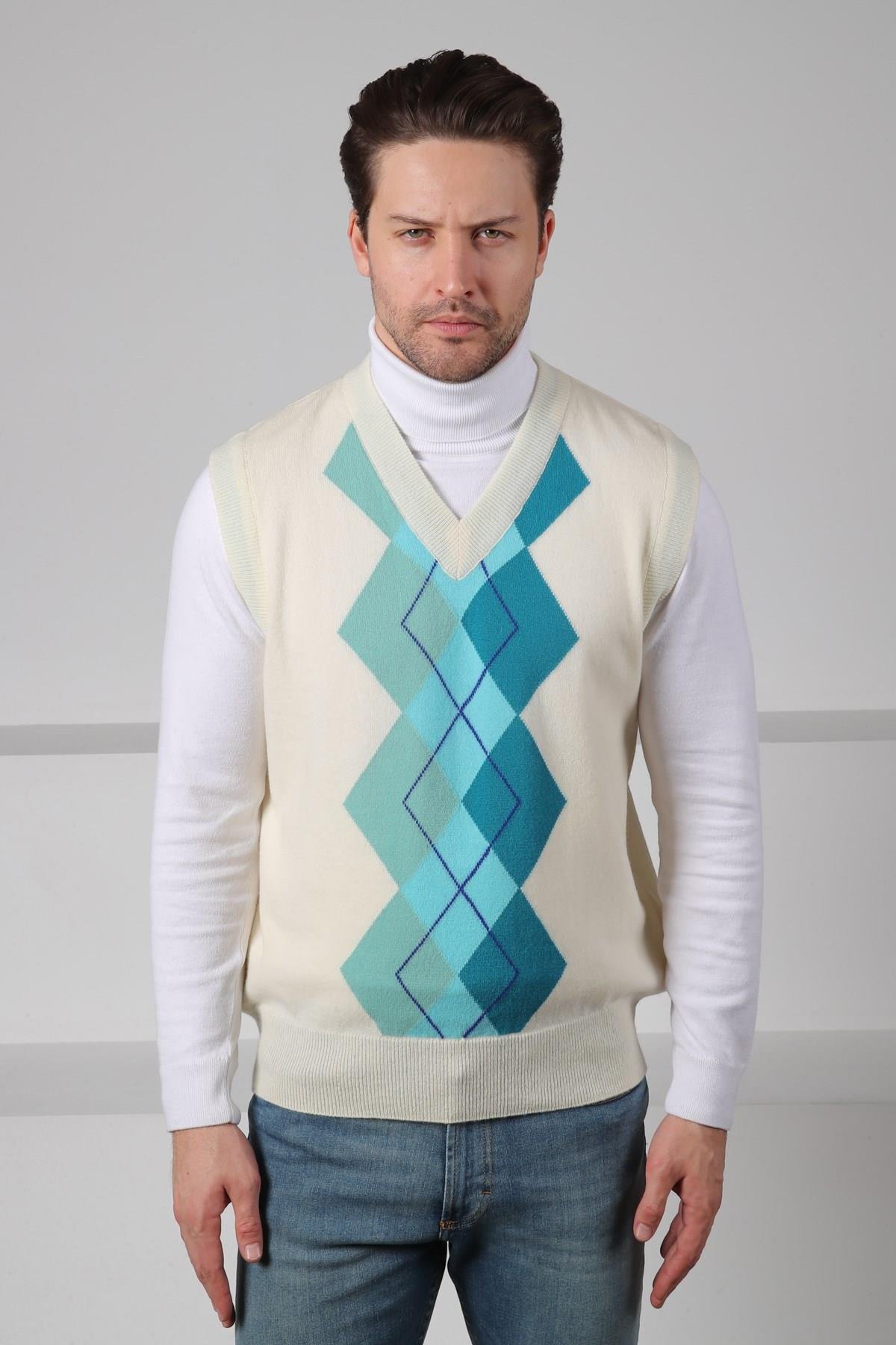 Ferraro Ekru/Turkuaz V Yaka Diyagonal Desenli Uzun Kollu %100 Kuzu Yünü Erkek Triko Süveter