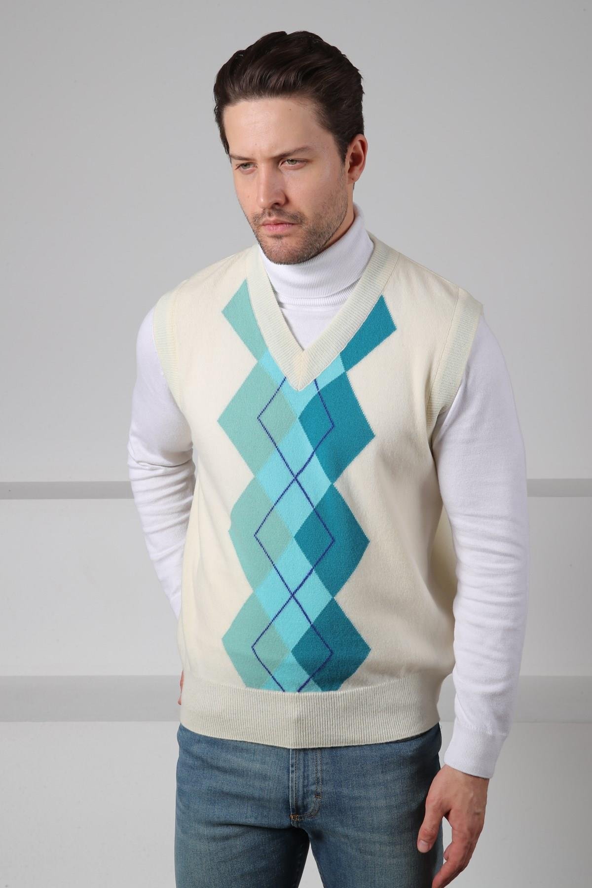Ferraro Ekru/Turkuaz V Yaka Diyagonal Desenli Uzun Kollu %100 Kuzu Yünü Erkek Triko Süveter