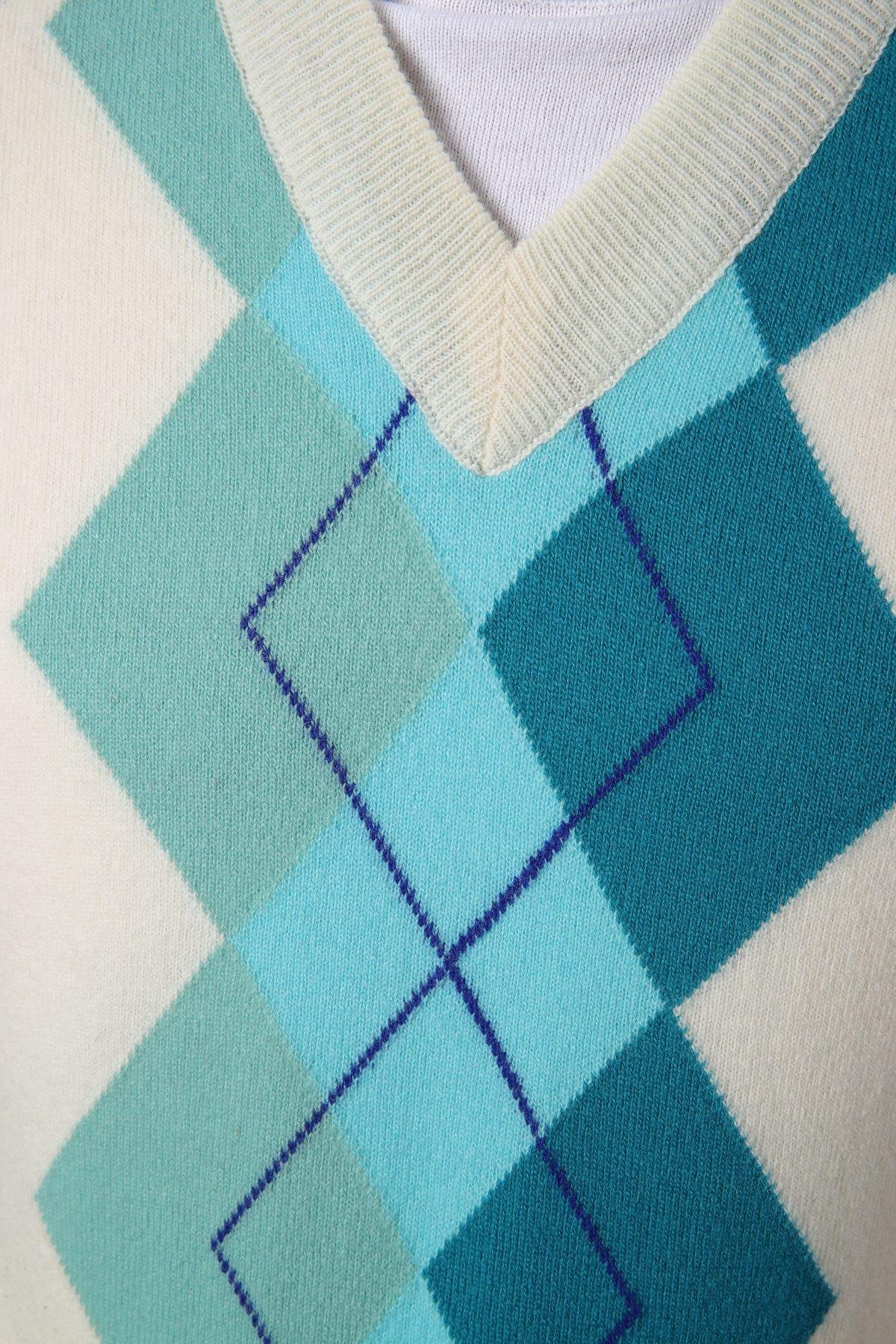 Ferraro Ekru/Turkuaz V Yaka Diyagonal Desenli Uzun Kollu %100 Kuzu Yünü Erkek Triko Süveter