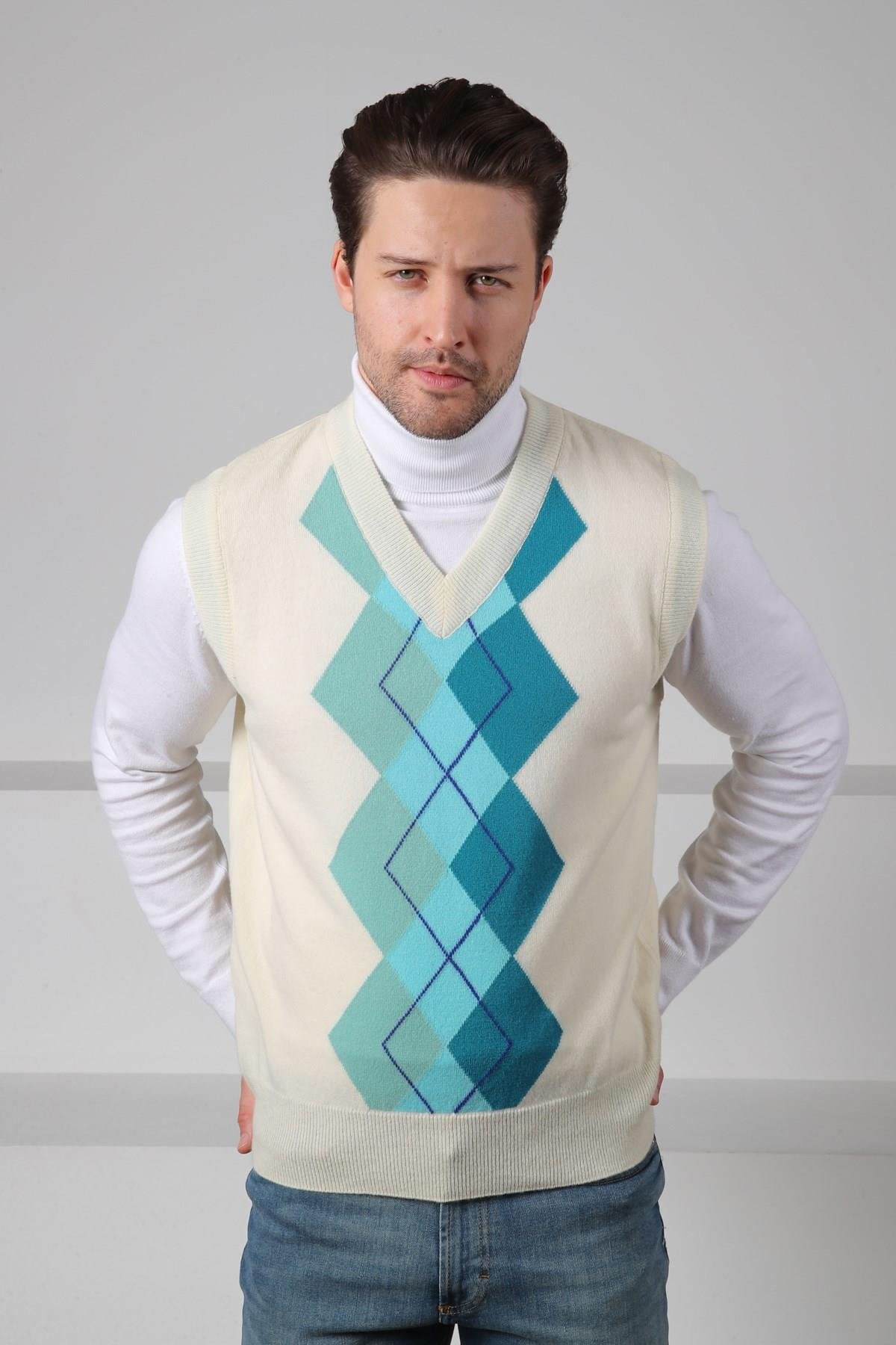 Ferraro Ekru/Turkuaz V Yaka Diyagonal Desenli Uzun Kollu %100 Kuzu Yünü Erkek Triko Süveter