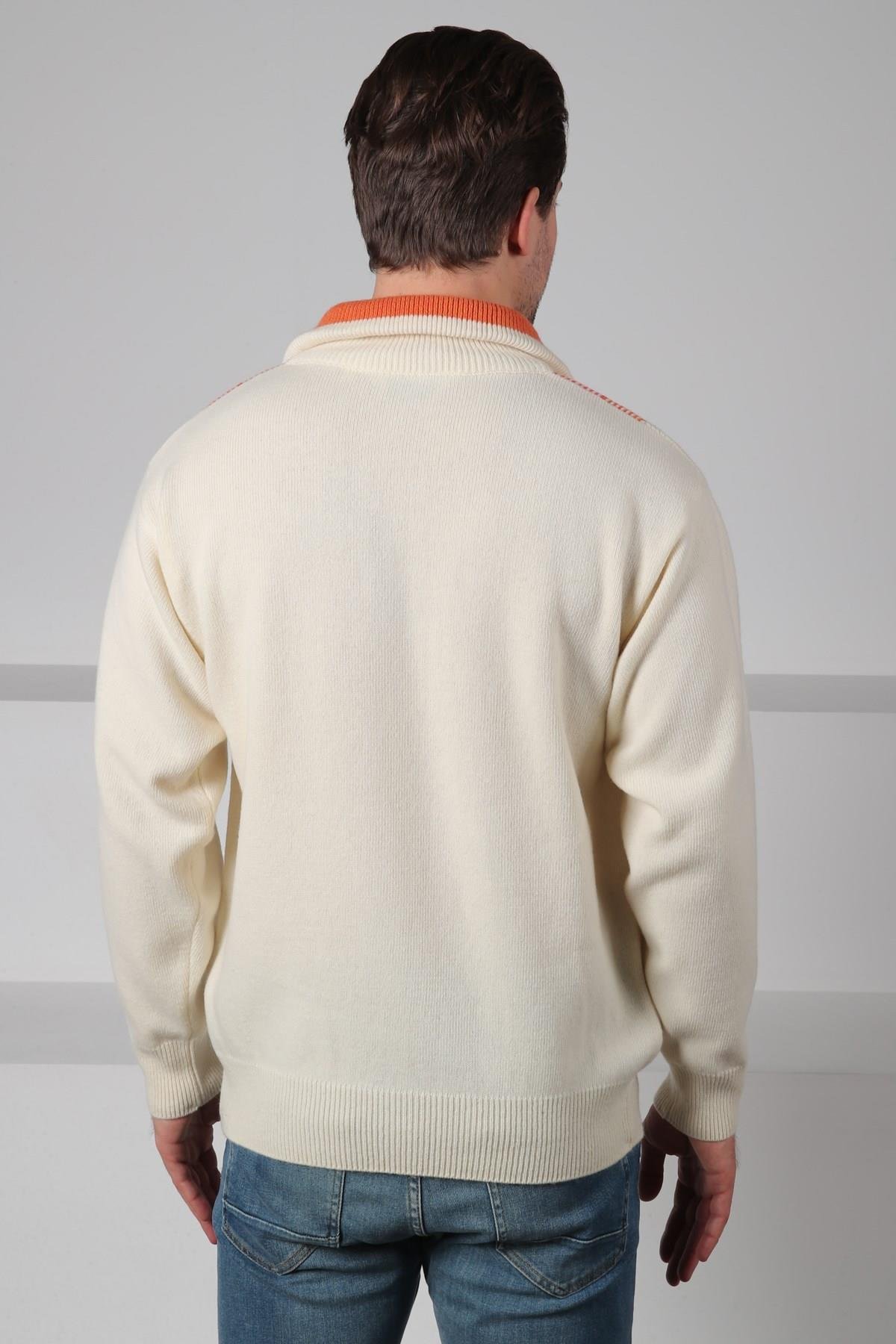 Ferraro Ekru/Turuncu Balıkçı Yaka Fermuarlı Baklava Desenli Uzun Kollu %100 Kuzu Yünü Erkek Triko Kazak