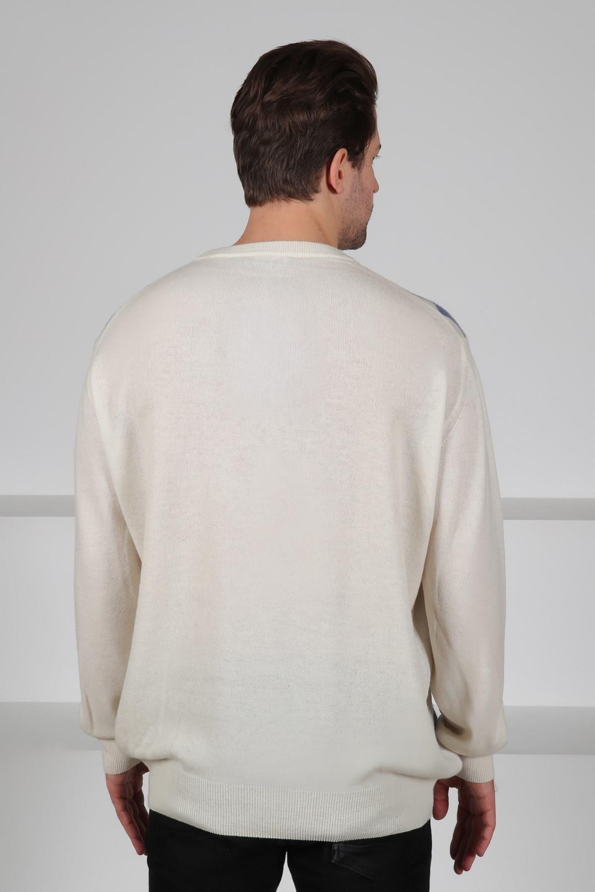 Ferraro Ekru/Turuncu Bisiklet Yaka Baklava Desenli Uzun Kollu Yünlü Erkek Triko Kazak