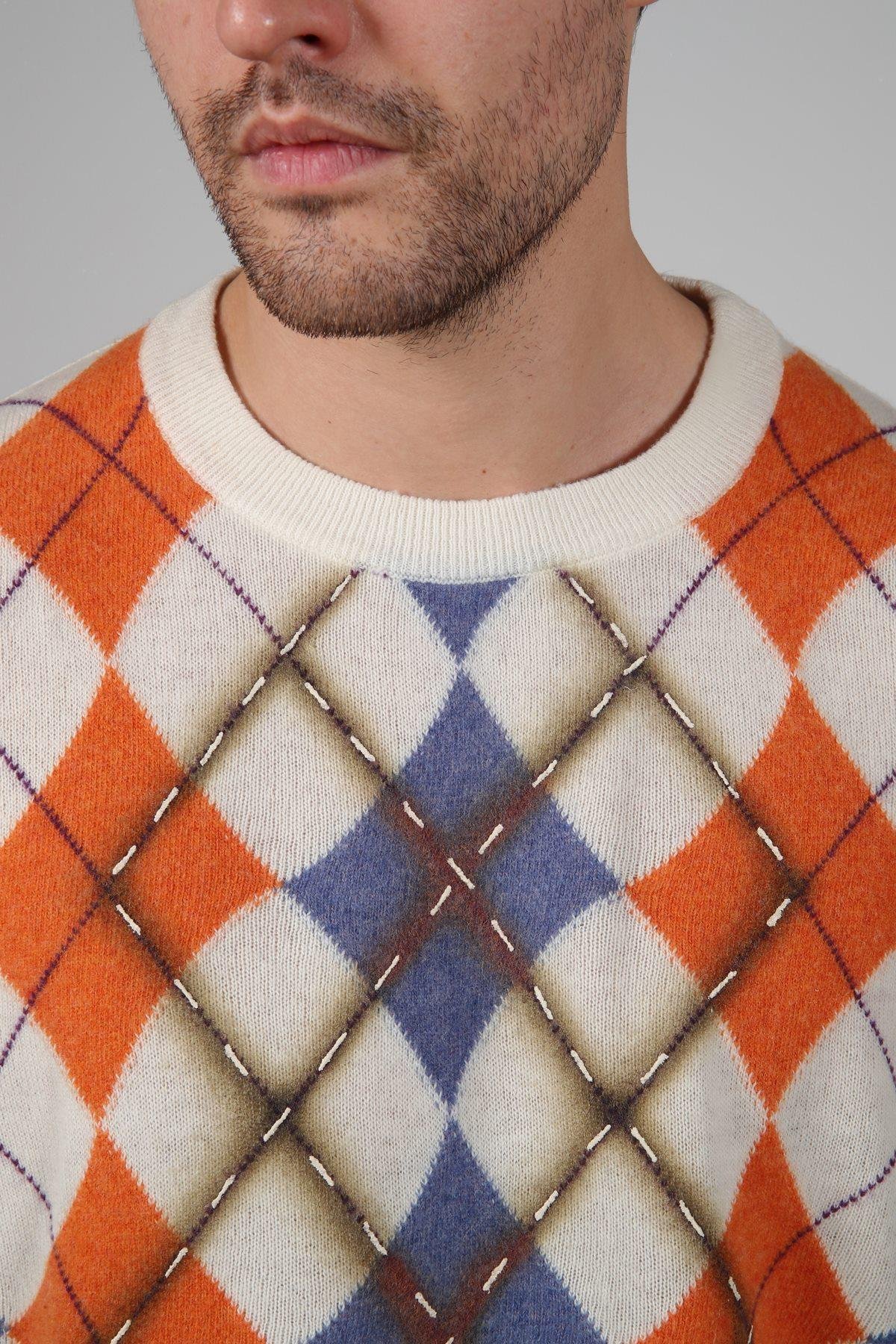 Ferraro Ekru/Turuncu Bisiklet Yaka Baklava Desenli Uzun Kollu Yünlü Erkek Triko Kazak