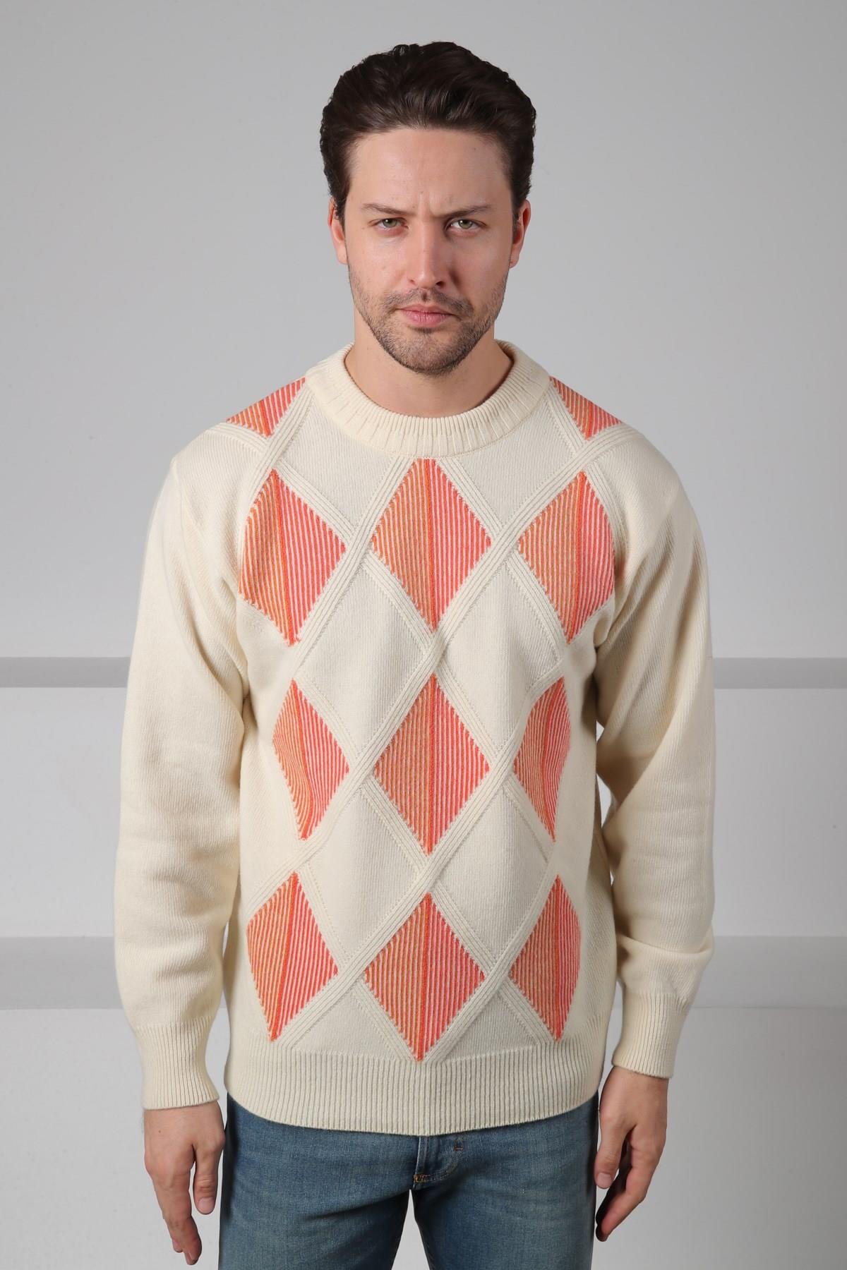 Ferraro Ekru/Turuncu Bisiklet Yaka Baklava Desenli Uzun Kollu %100 Kuzu Yünü Erkek Triko Kazak