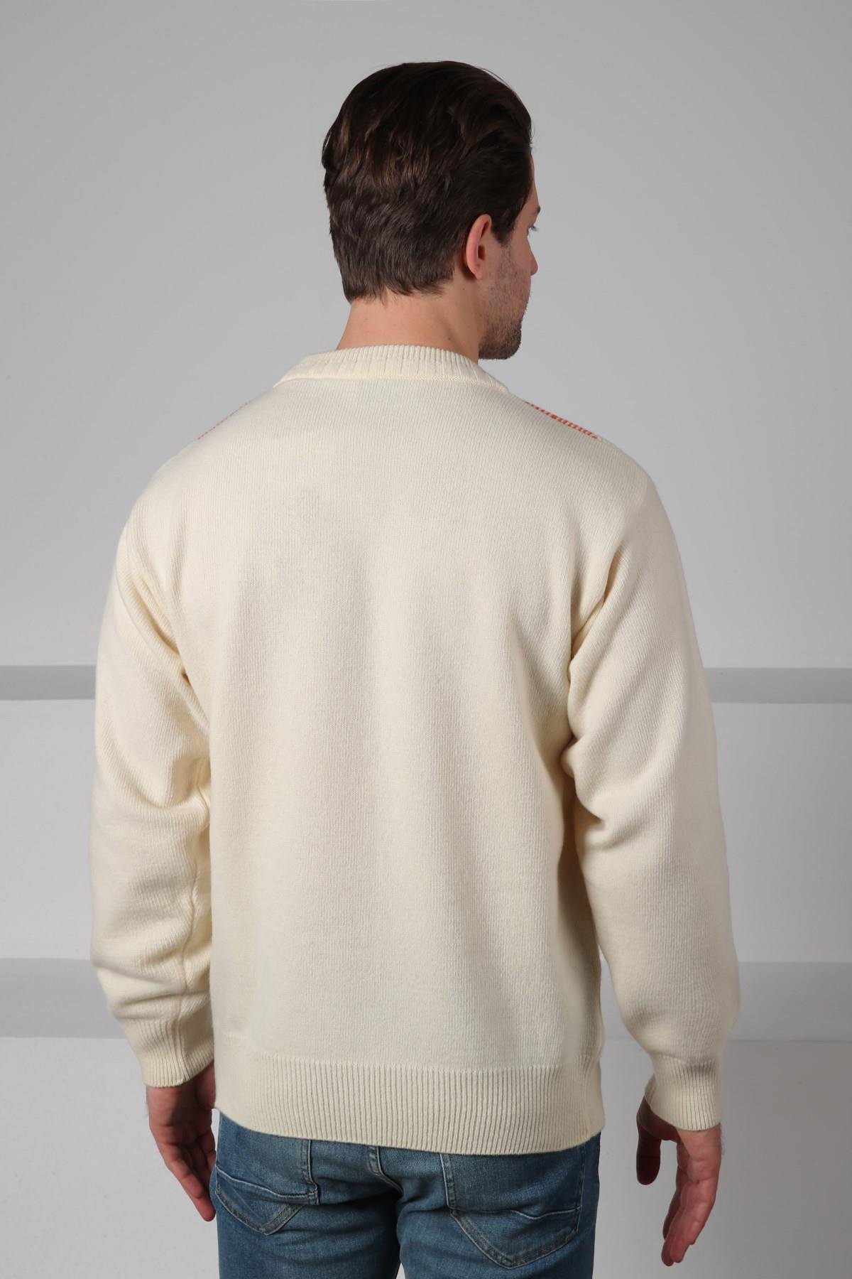 Ferraro Ekru/Turuncu Bisiklet Yaka Baklava Desenli Uzun Kollu %100 Kuzu Yünü Erkek Triko Kazak