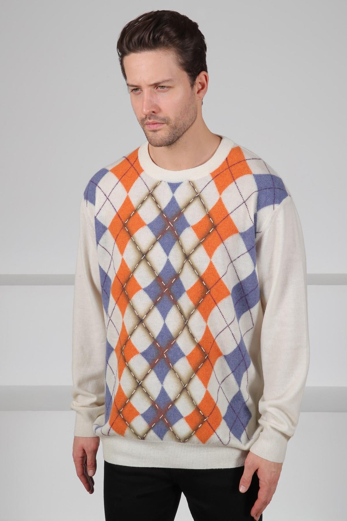 Ferraro Ekru/Turuncu Bisiklet Yaka Baklava Desenli Uzun Kollu Yünlü Erkek Triko Kazak