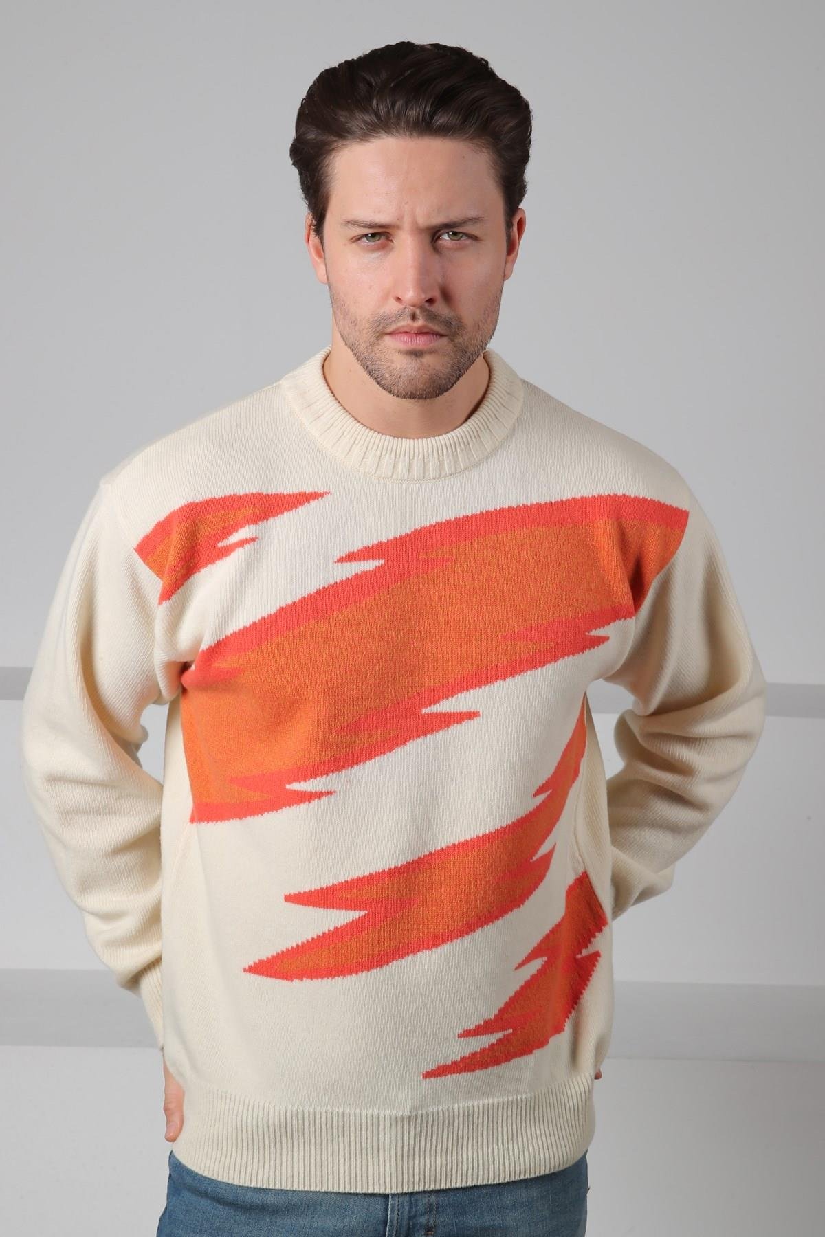 Ferraro Ekru/Turuncu Bisiklet Yaka Renk Bloklu Uzun Kollu %100 Kuzu Yünü Erkek Triko Kazak