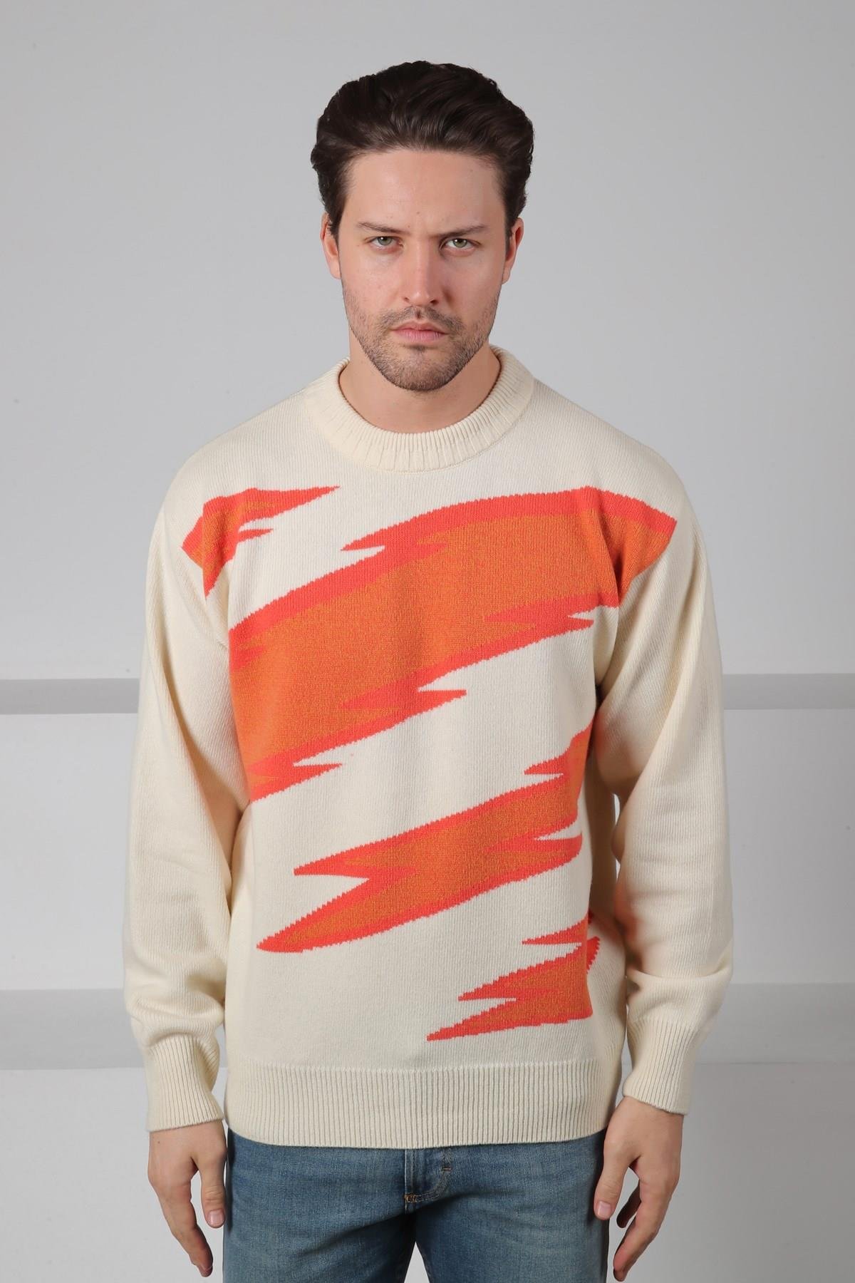 Ferraro Ekru/Turuncu Bisiklet Yaka Renk Bloklu Uzun Kollu %100 Kuzu Yünü Erkek Triko Kazak