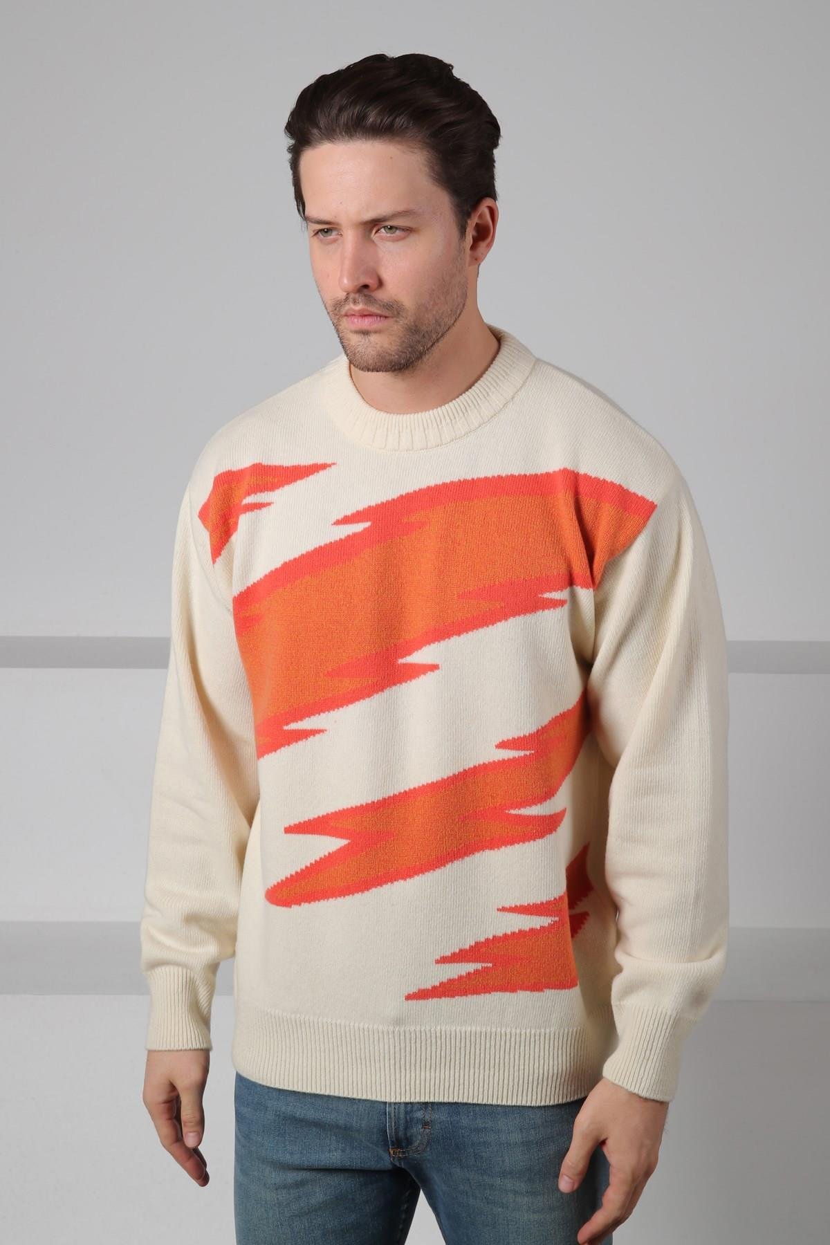 Ferraro Ekru/Turuncu Bisiklet Yaka Renk Bloklu Uzun Kollu %100 Kuzu Yünü Erkek Triko Kazak