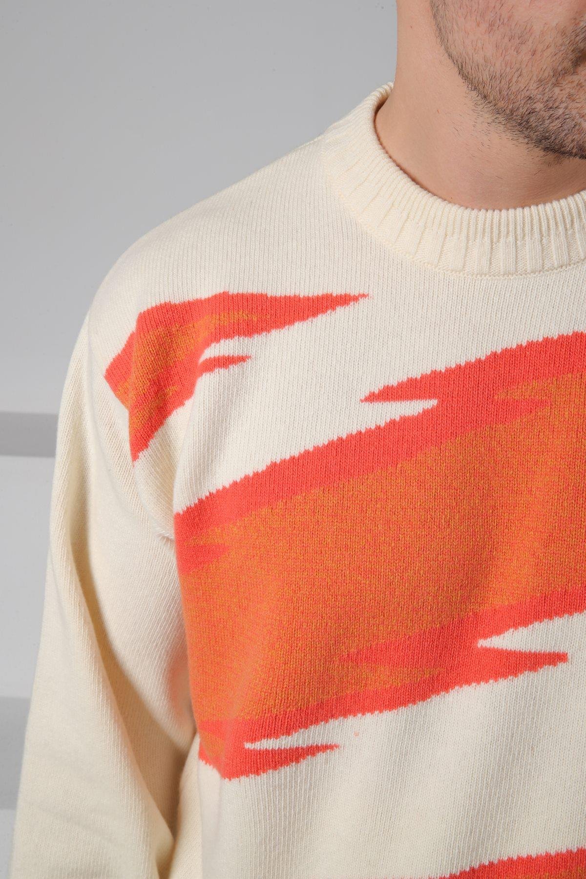 Ferraro Ekru/Turuncu Bisiklet Yaka Renk Bloklu Uzun Kollu %100 Kuzu Yünü Erkek Triko Kazak