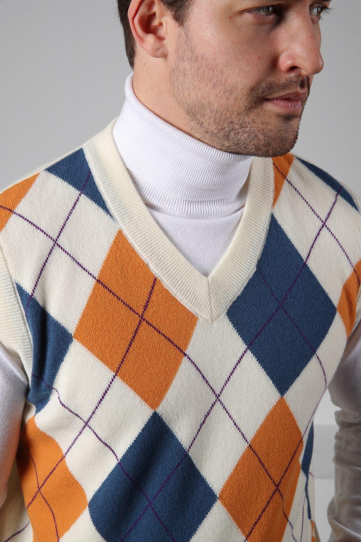 Ferraro Ekru/Turuncu V Yaka Çok Renkli Baklava Desenli Kolsuz %100 Kuzu Yünü Erkek Triko Süveter