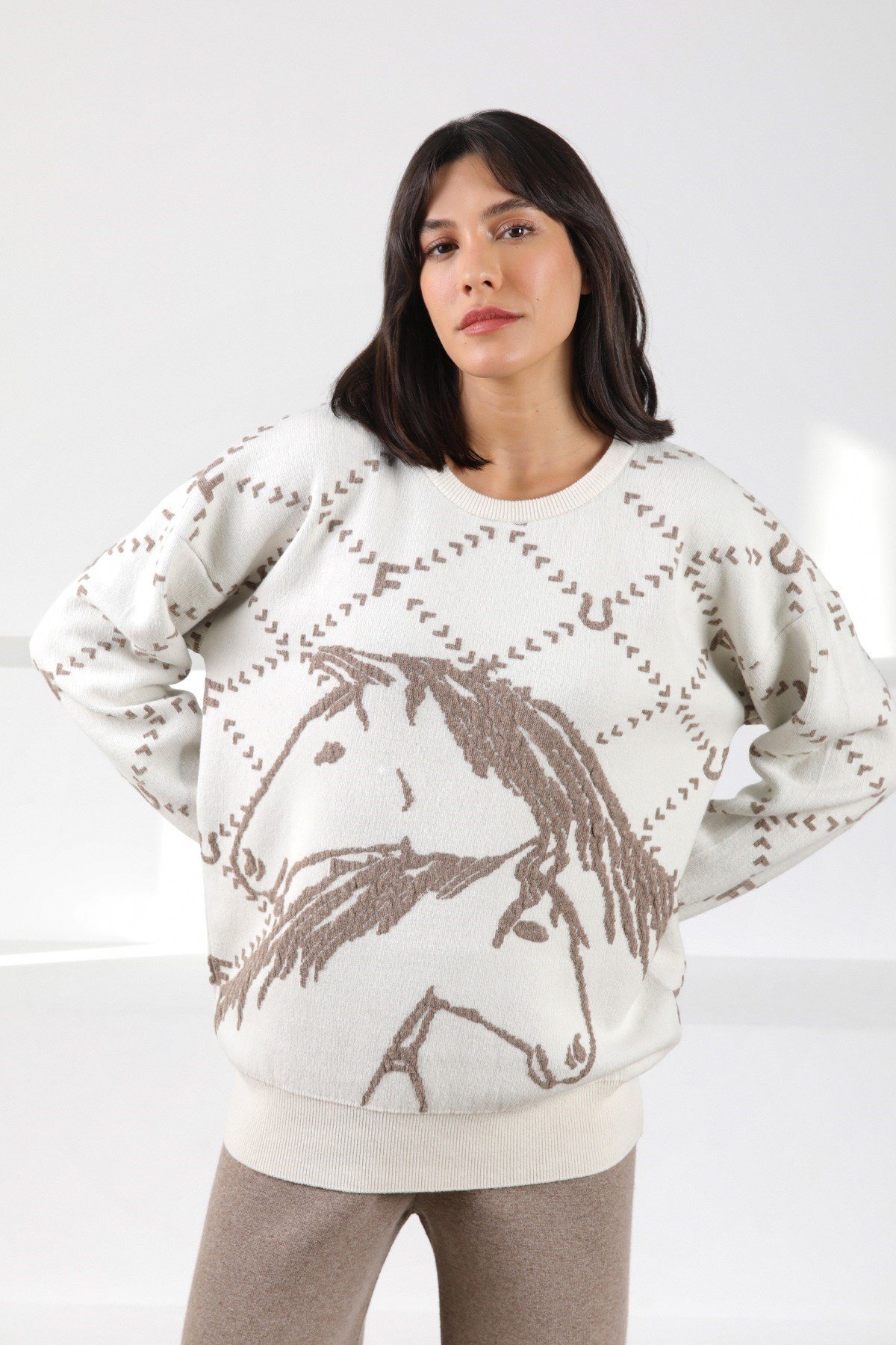 Ferraro Ekru/Vizon Uzun Kollu Bisiklet Yaka Kaşmirli Kadın Triko Kazak