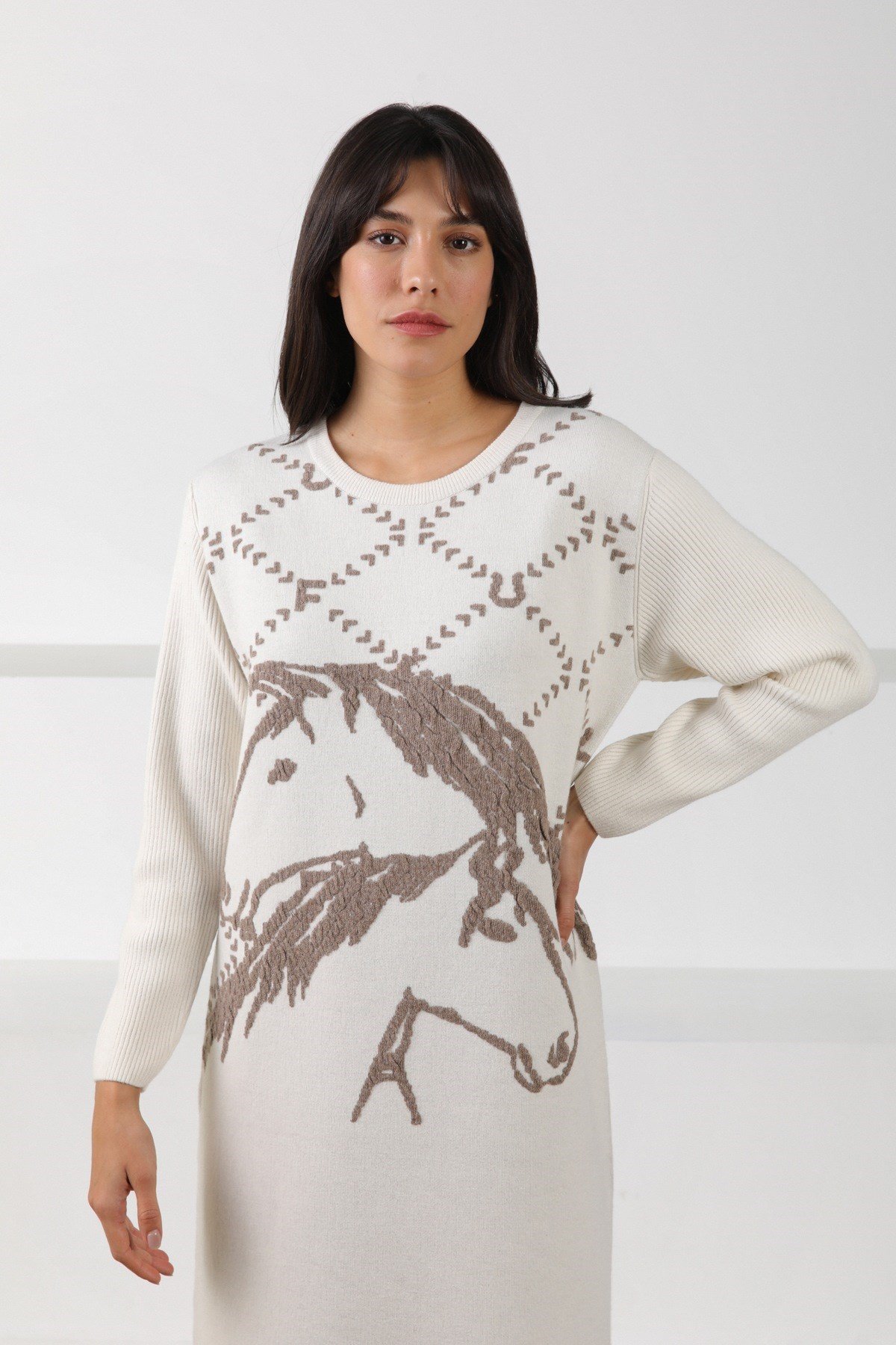 Ferraro Ekru/Vizon Uzun Kollu Bisiklet Yaka Kaşmirli Kadın Triko Elbise