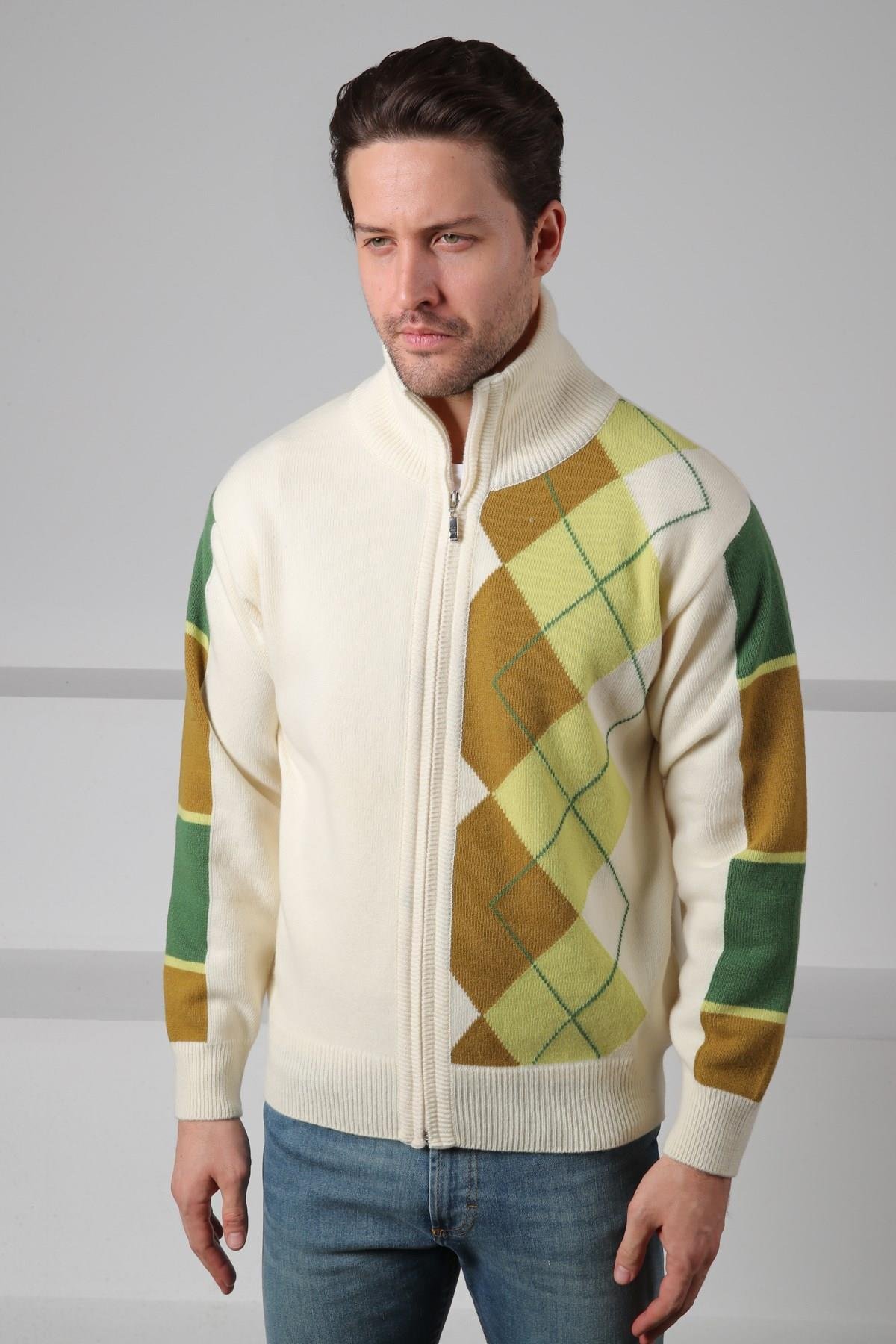 Ferraro Ekru/Yeşil Balıkçı Yaka Fermuarlı Diyagonal Desenli Uzun Kollu %100 Kuzu Yünü Erkek Triko Ceket