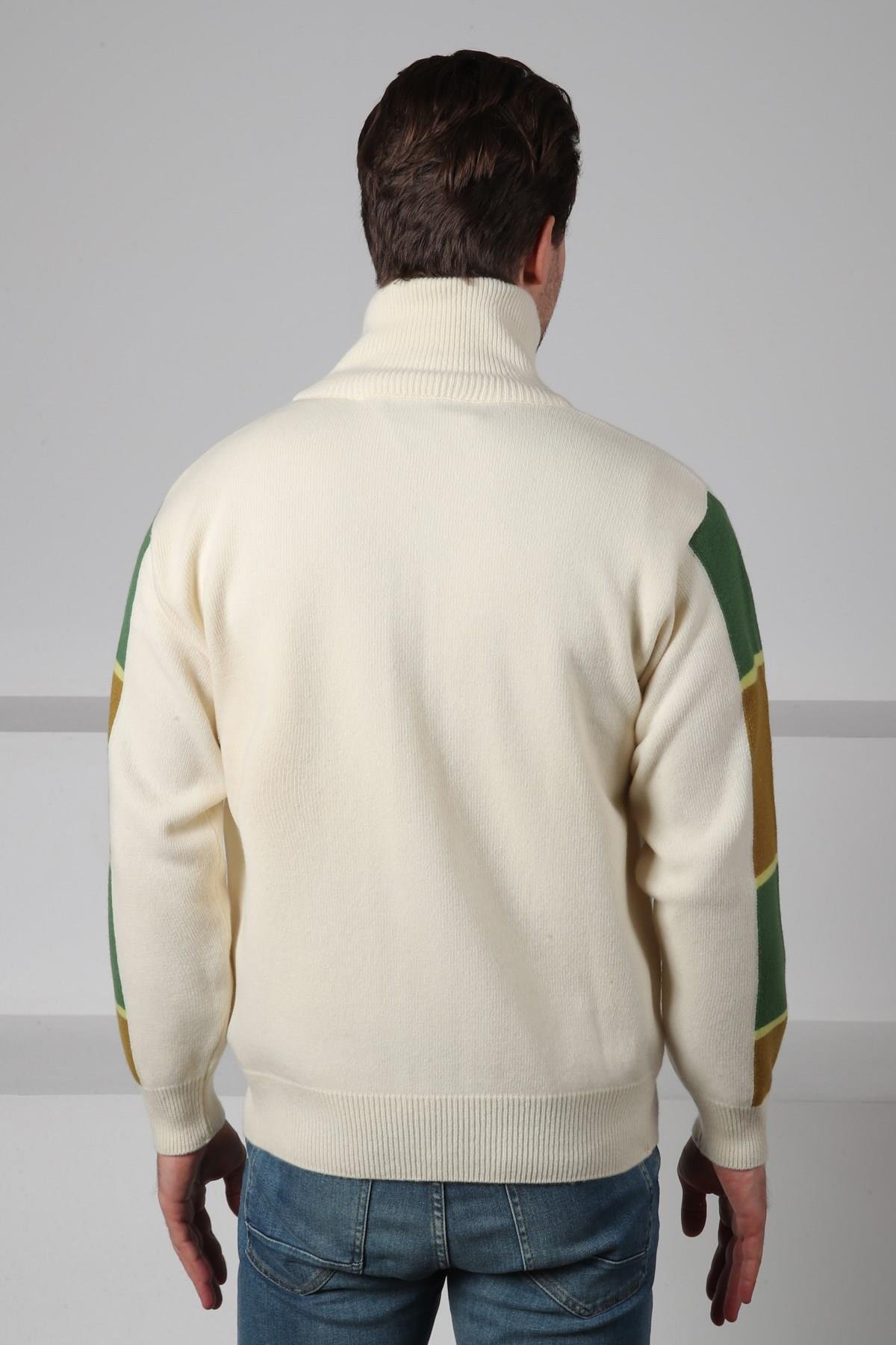 Ferraro Ekru/Yeşil Balıkçı Yaka Fermuarlı Diyagonal Desenli Uzun Kollu %100 Kuzu Yünü Erkek Triko Ceket